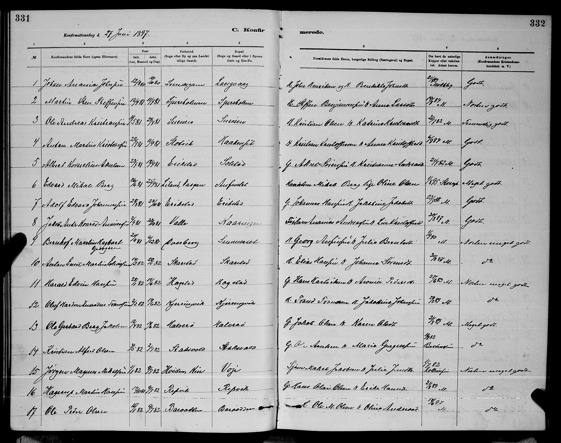 Ministerialprotokoller, klokkerbøker og fødselsregistre - Nordland, AV/SAT-A-1459/872/L1047: Parish register (copy) no. 872C03, 1880-1897, p. 331-332