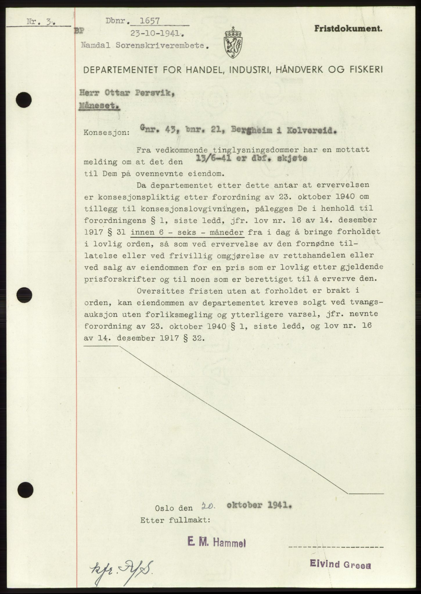 Namdal sorenskriveri, SAT/A-4133/1/2/2C: Mortgage book no. -, 1941-1942, Diary no: : 1657/1941