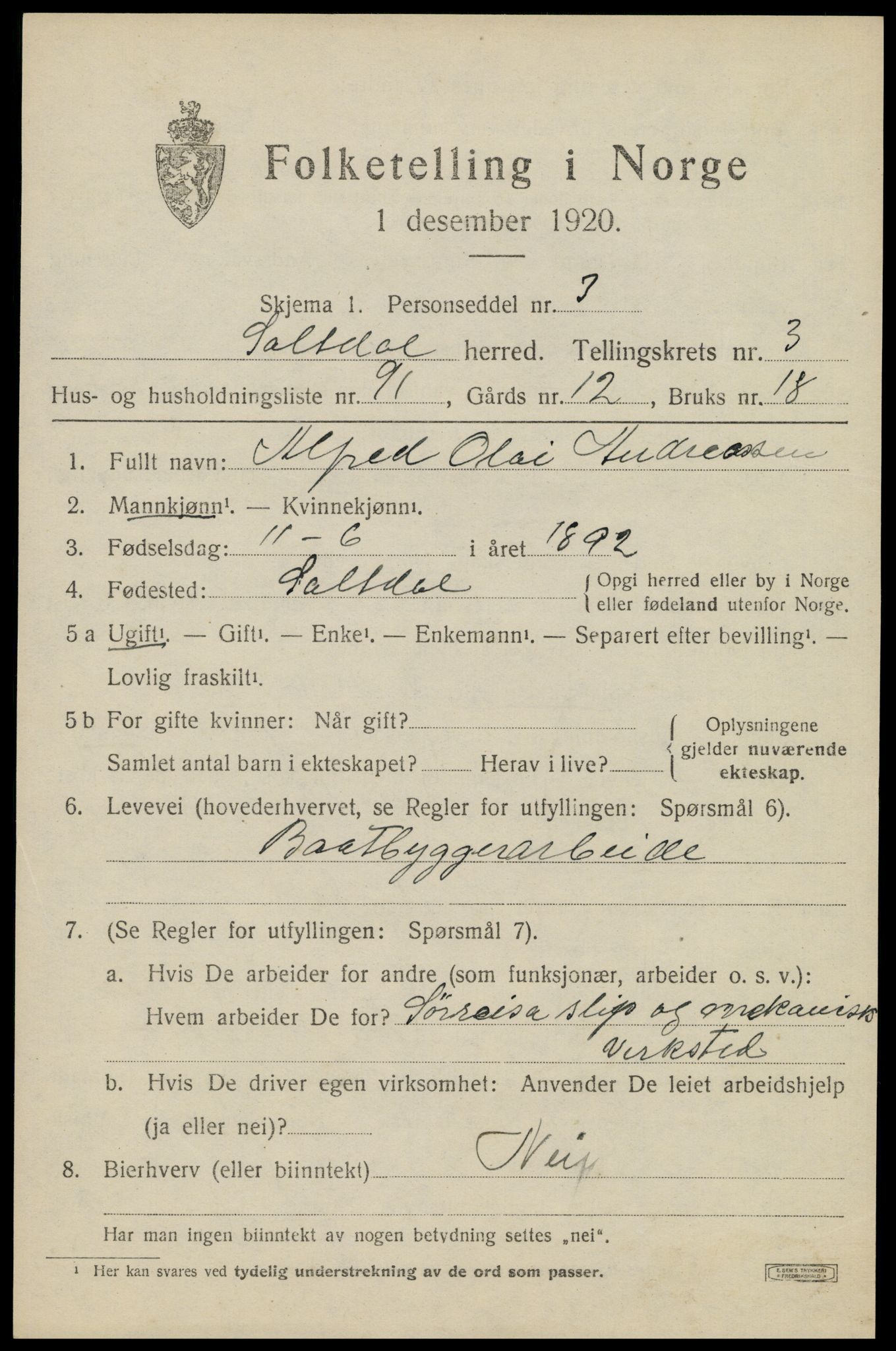 SAT, 1920 census for Saltdal, 1920, p. 5587