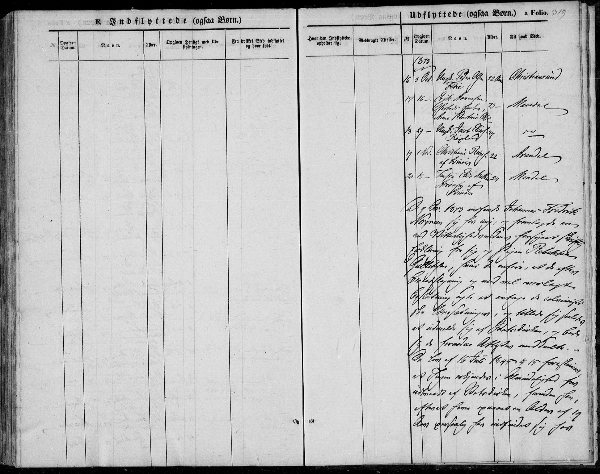 Sør-Audnedal sokneprestkontor, SAK/1111-0039/F/Fa/Fab/L0007: Parish register (official) no. A 7, 1855-1876, p. 319