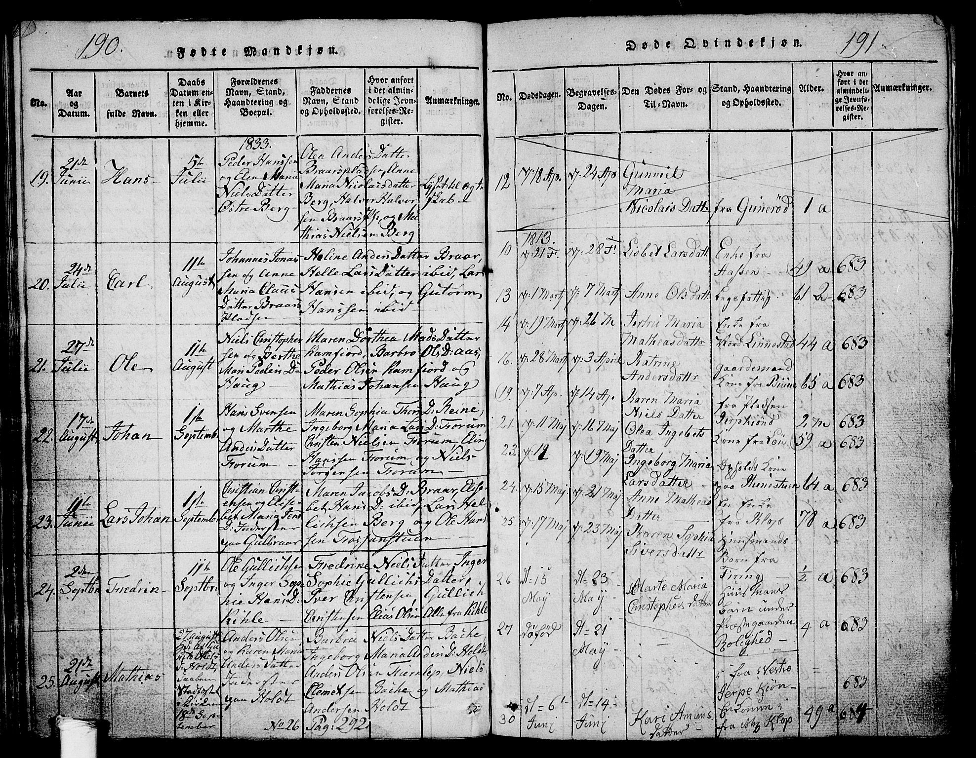 Ramnes kirkebøker, SAKO/A-314/G/Ga/L0001: Parish register (copy) no. I 1, 1813-1847, p. 190-191