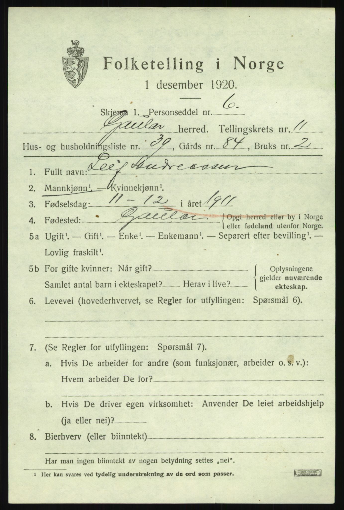 SAB, 1920 census for Gaular, 1920, p. 5588