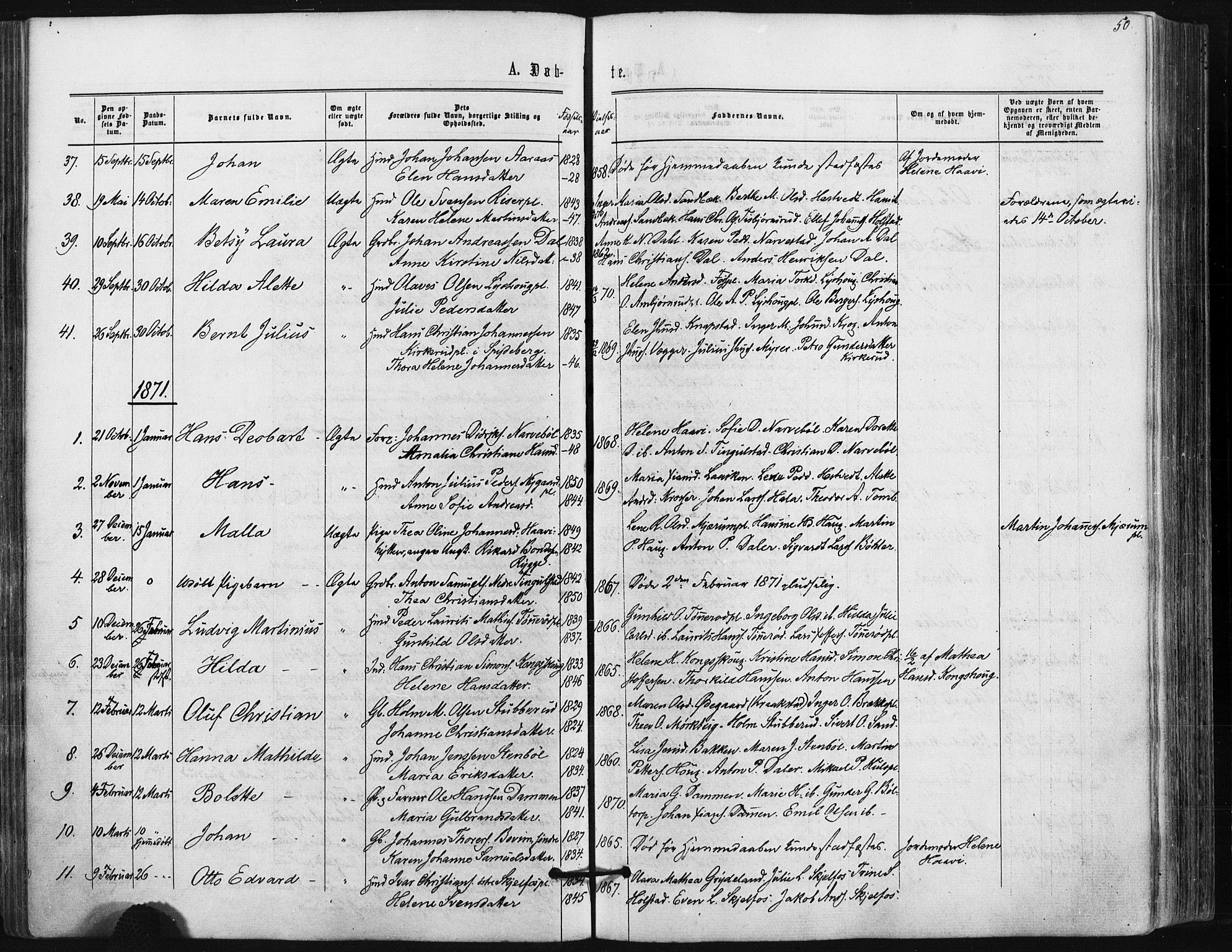 Hobøl prestekontor Kirkebøker, AV/SAO-A-2002/F/Fa/L0004: Parish register (official) no. I 4, 1865-1877, p. 50