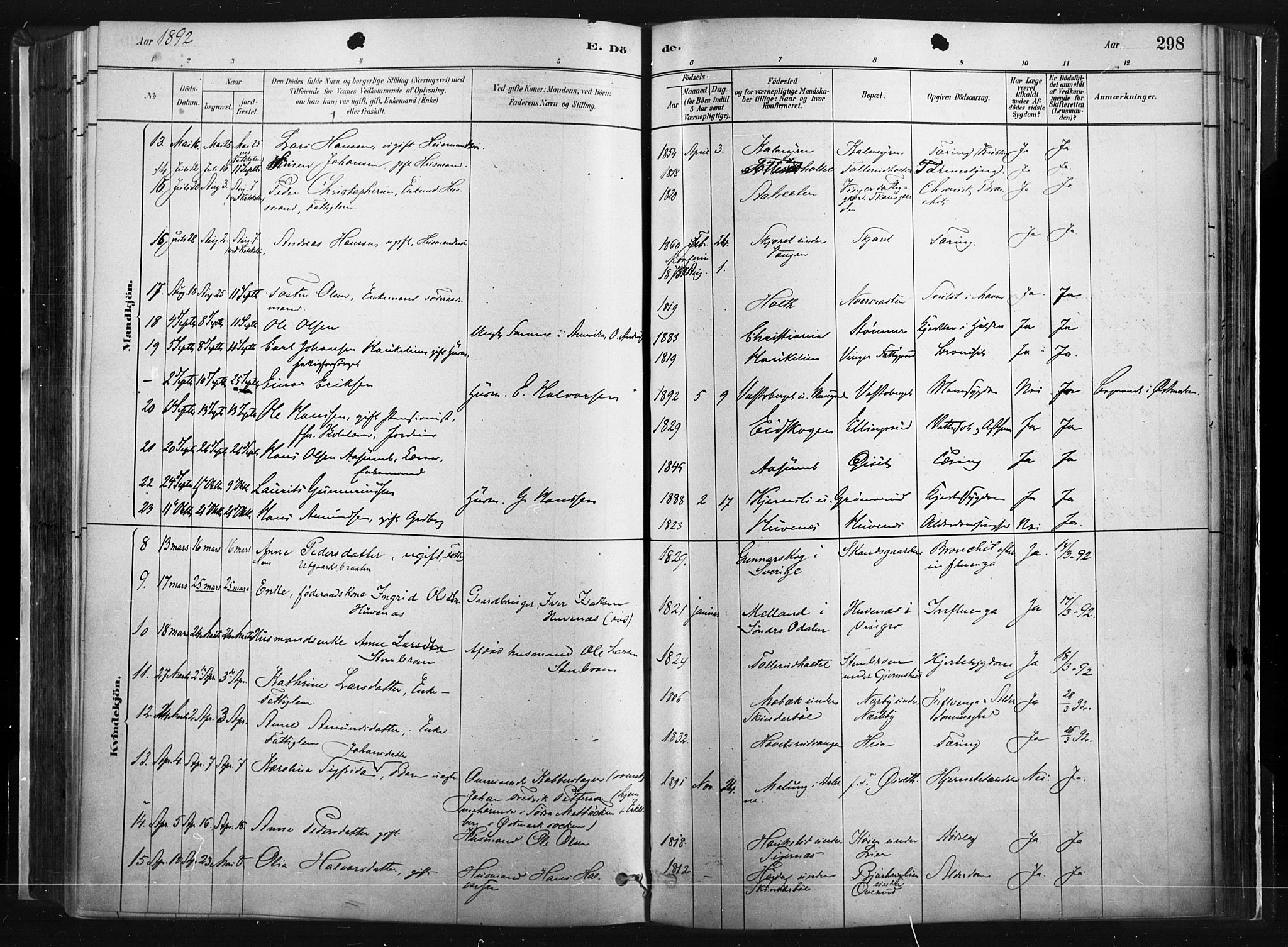 Vinger prestekontor, AV/SAH-PREST-024/H/Ha/Haa/L0014: Parish register (official) no. 14, 1881-1900, p. 298