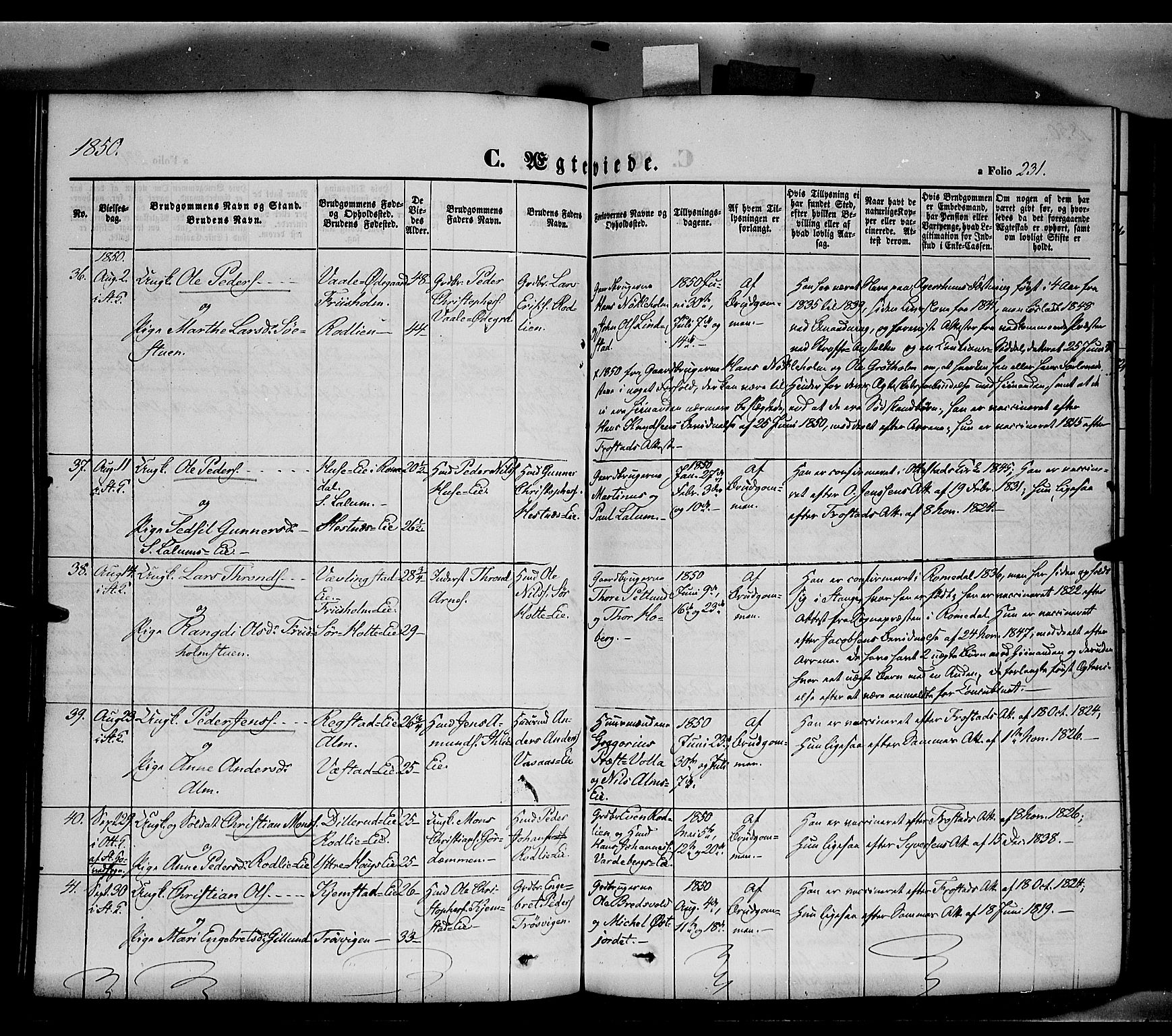 Stange prestekontor, SAH/PREST-002/K/L0011: Parish register (official) no. 11, 1846-1852, p. 231
