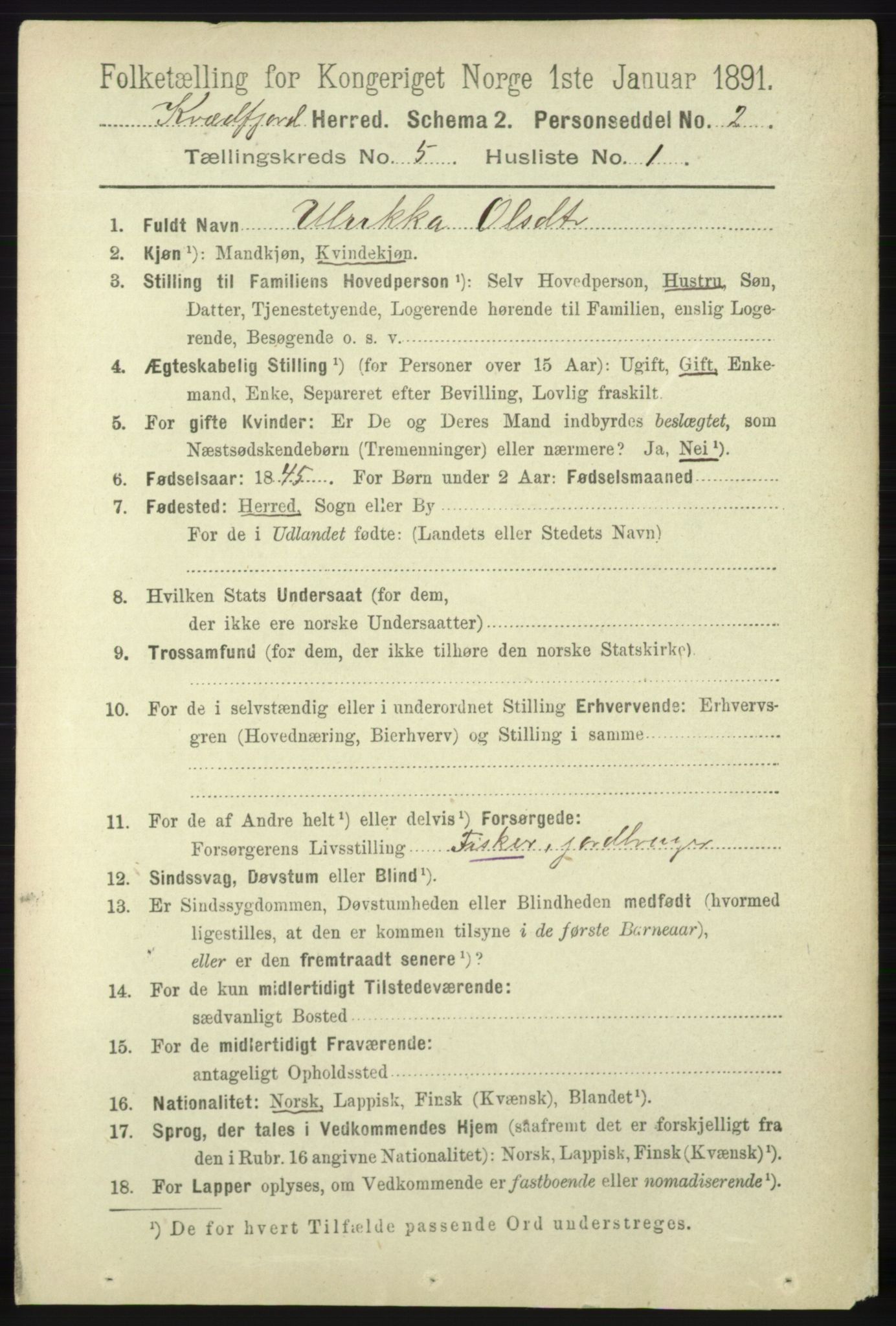 RA, 1891 census for 1911 Kvæfjord, 1891, p. 2871