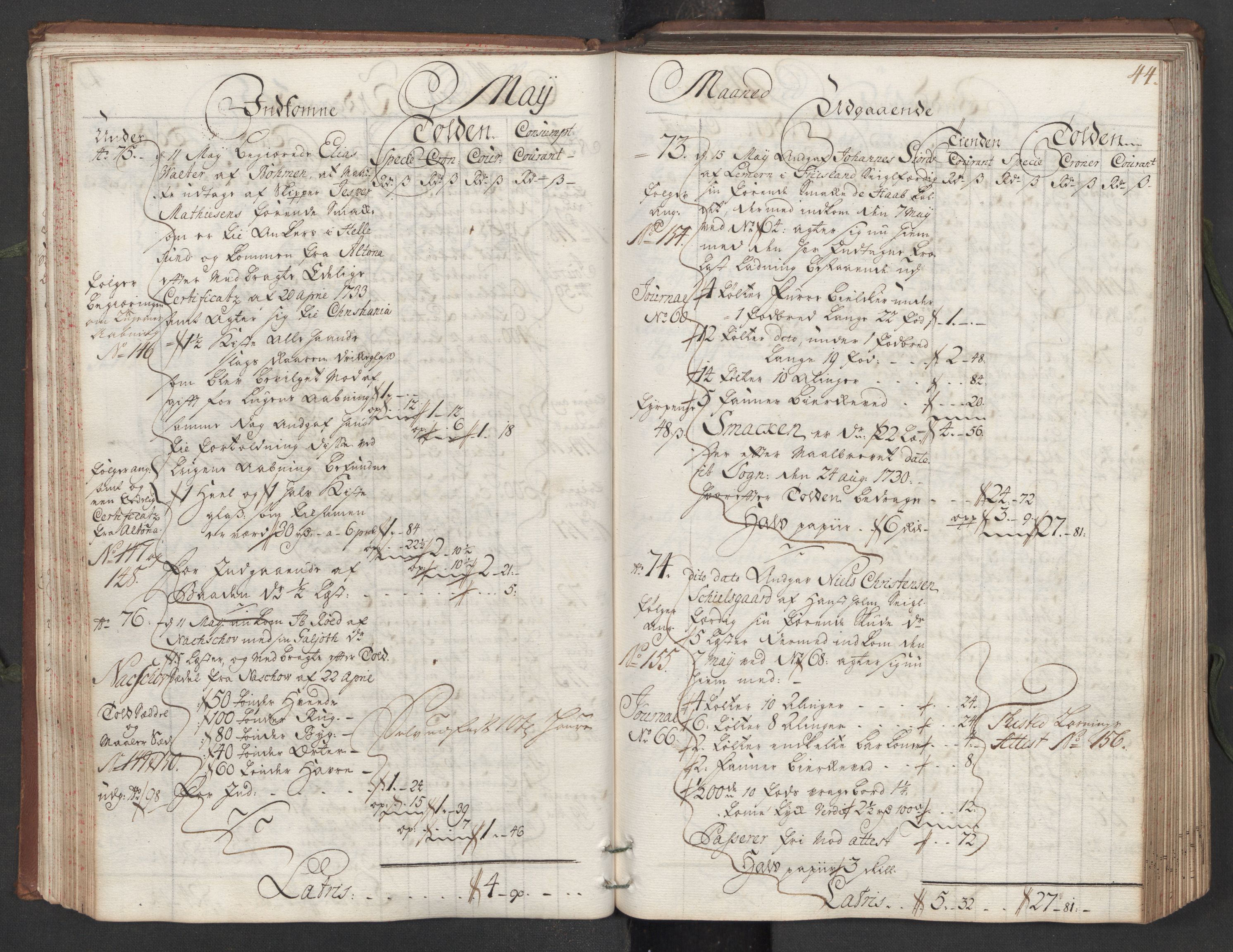 Generaltollkammeret, tollregnskaper, AV/RA-EA-5490/R16/L0013/0001: Tollregnskaper Kristiansand / Hovedtollbok, 1733, p. 43b-44a
