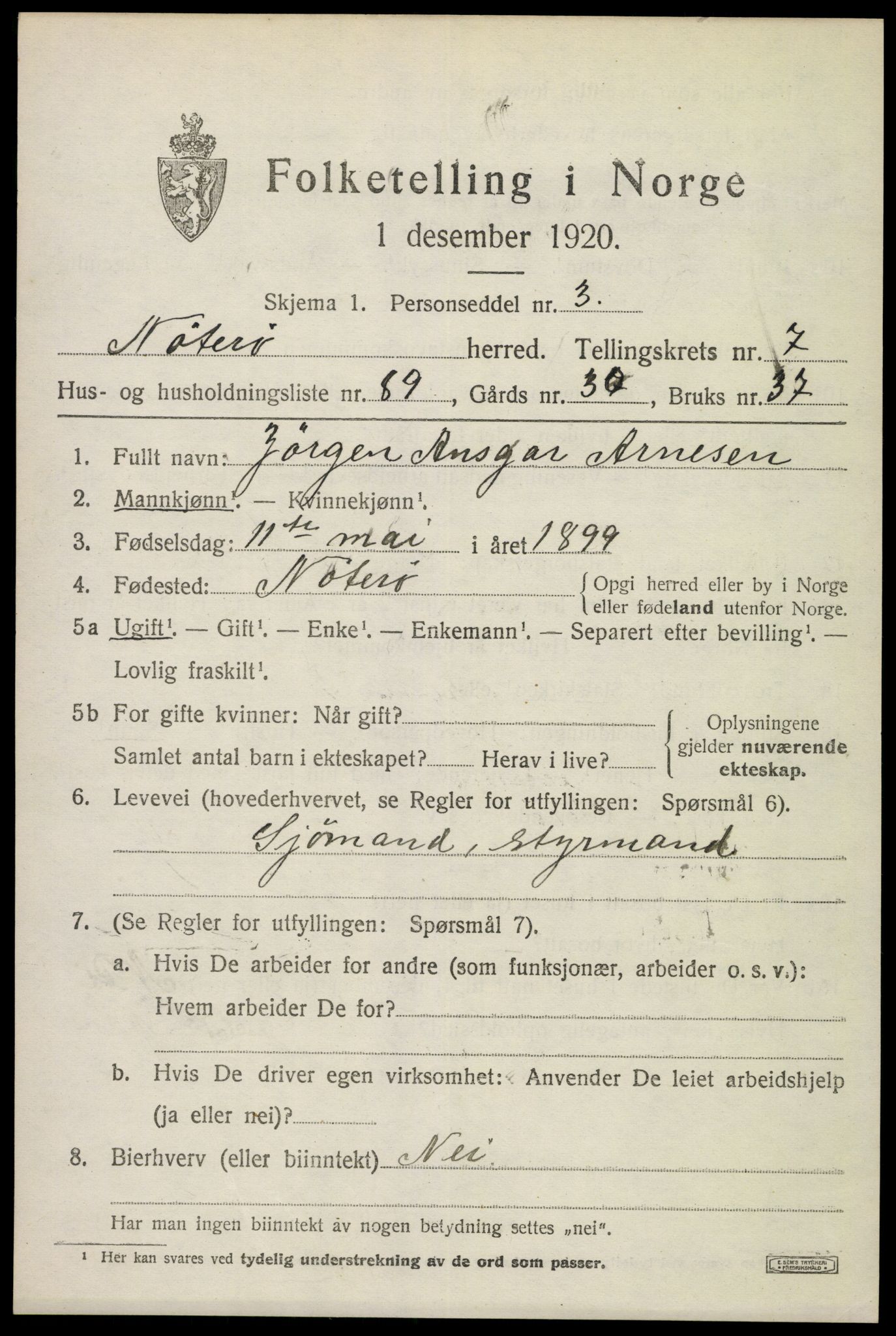 SAKO, 1920 census for Nøtterøy, 1920, p. 10389