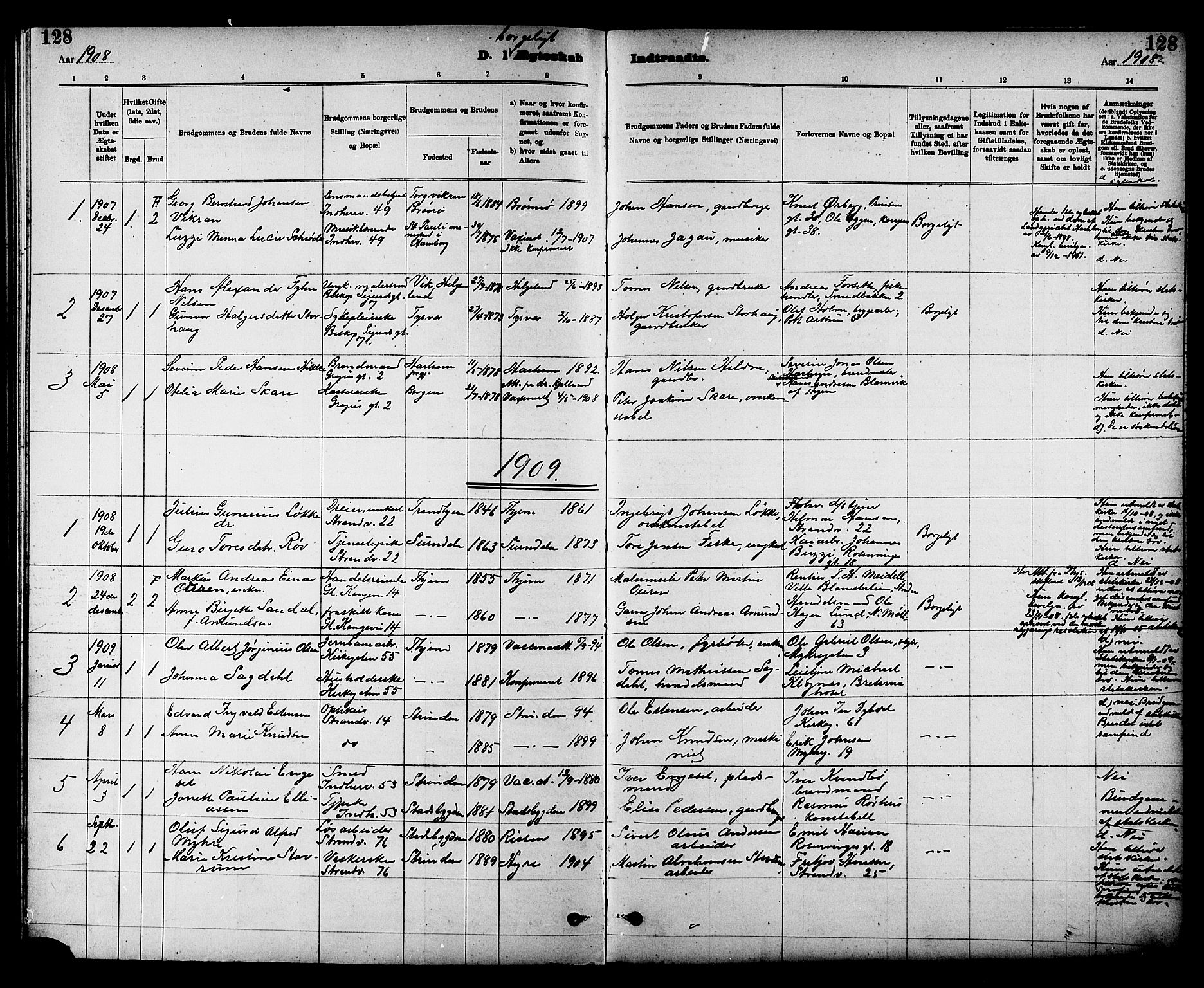 Ministerialprotokoller, klokkerbøker og fødselsregistre - Sør-Trøndelag, SAT/A-1456/605/L0255: Parish register (copy) no. 605C02, 1908-1918, p. 128