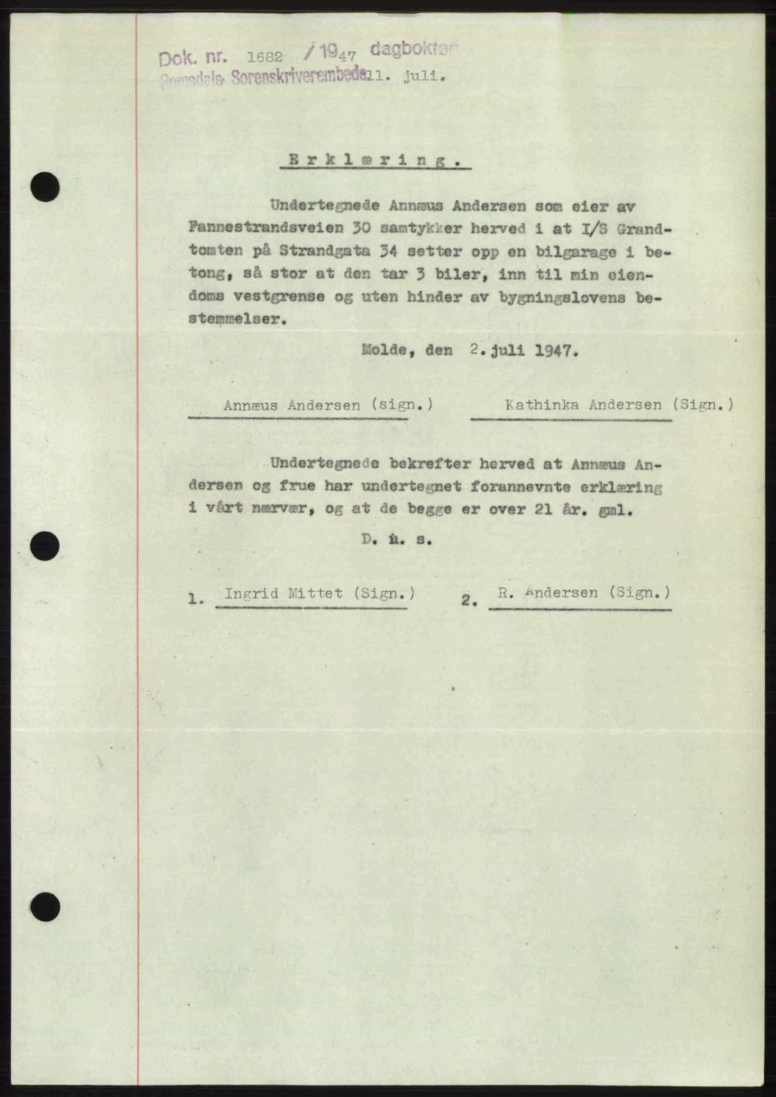 Romsdal sorenskriveri, AV/SAT-A-4149/1/2/2C: Mortgage book no. A23, 1947-1947, Diary no: : 1682/1947