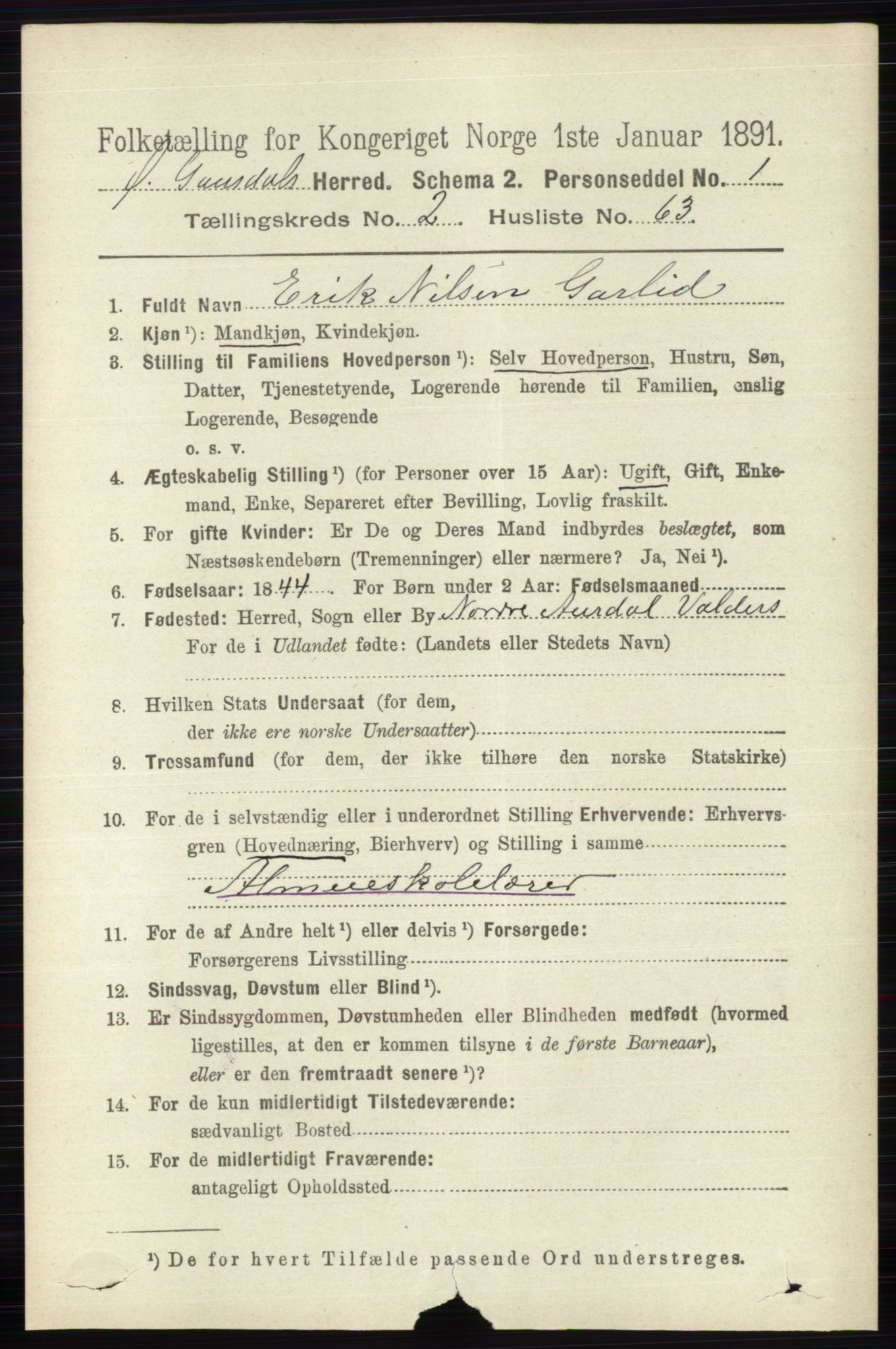 RA, 1891 census for 0522 Østre Gausdal, 1891, p. 1604