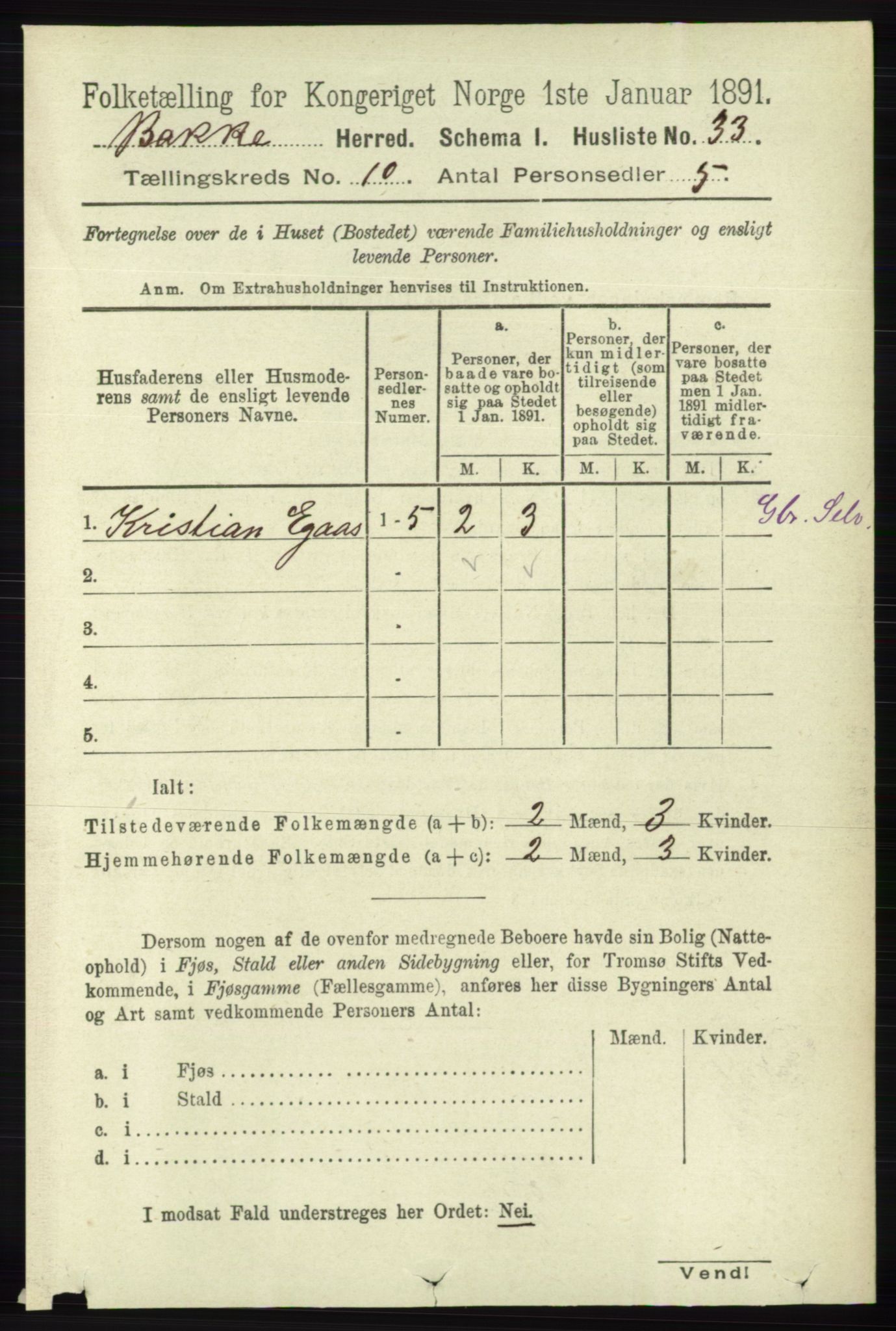 RA, 1891 census for 1045 Bakke, 1891, p. 1997