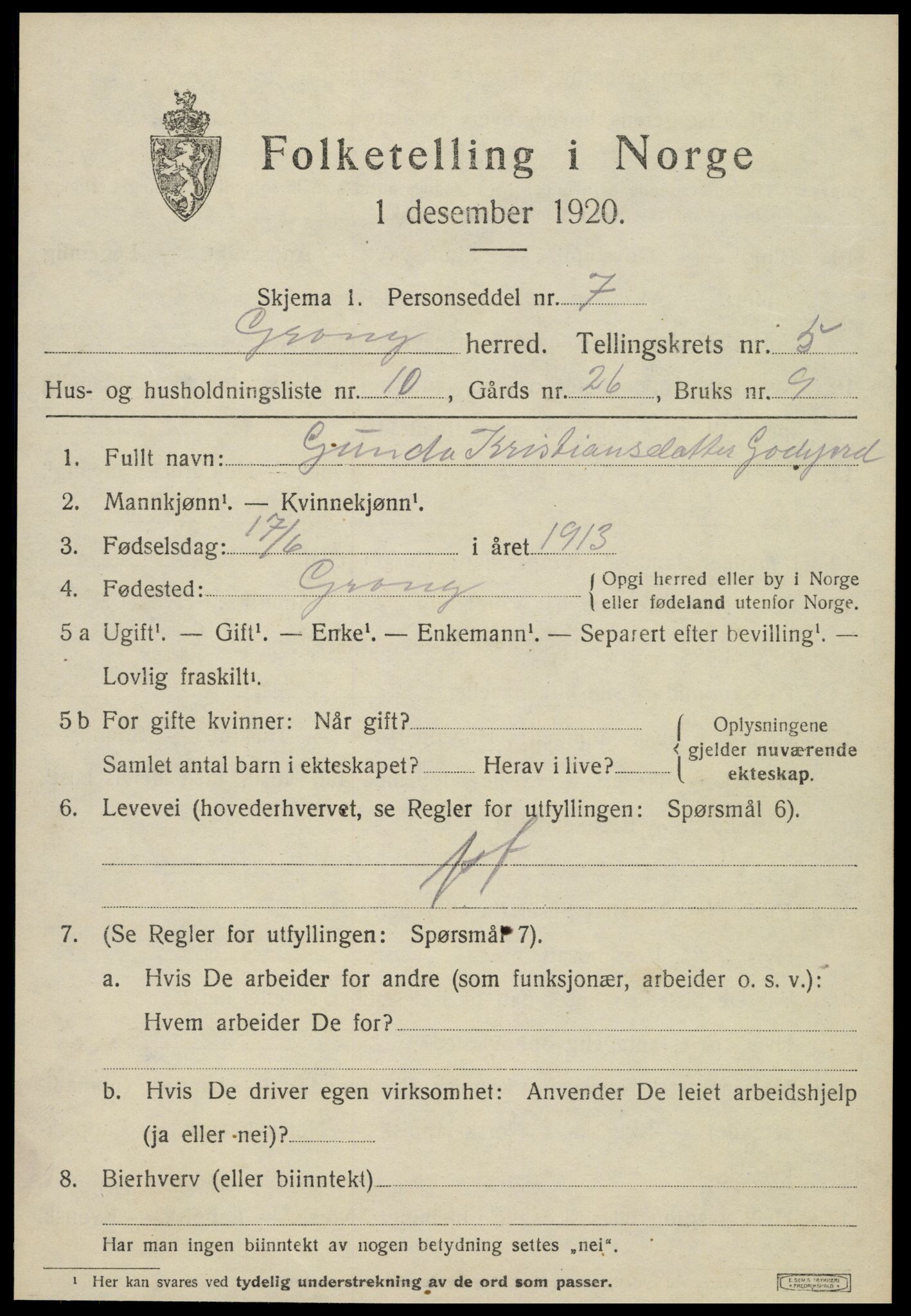 SAT, 1920 census for Grong, 1920, p. 3403