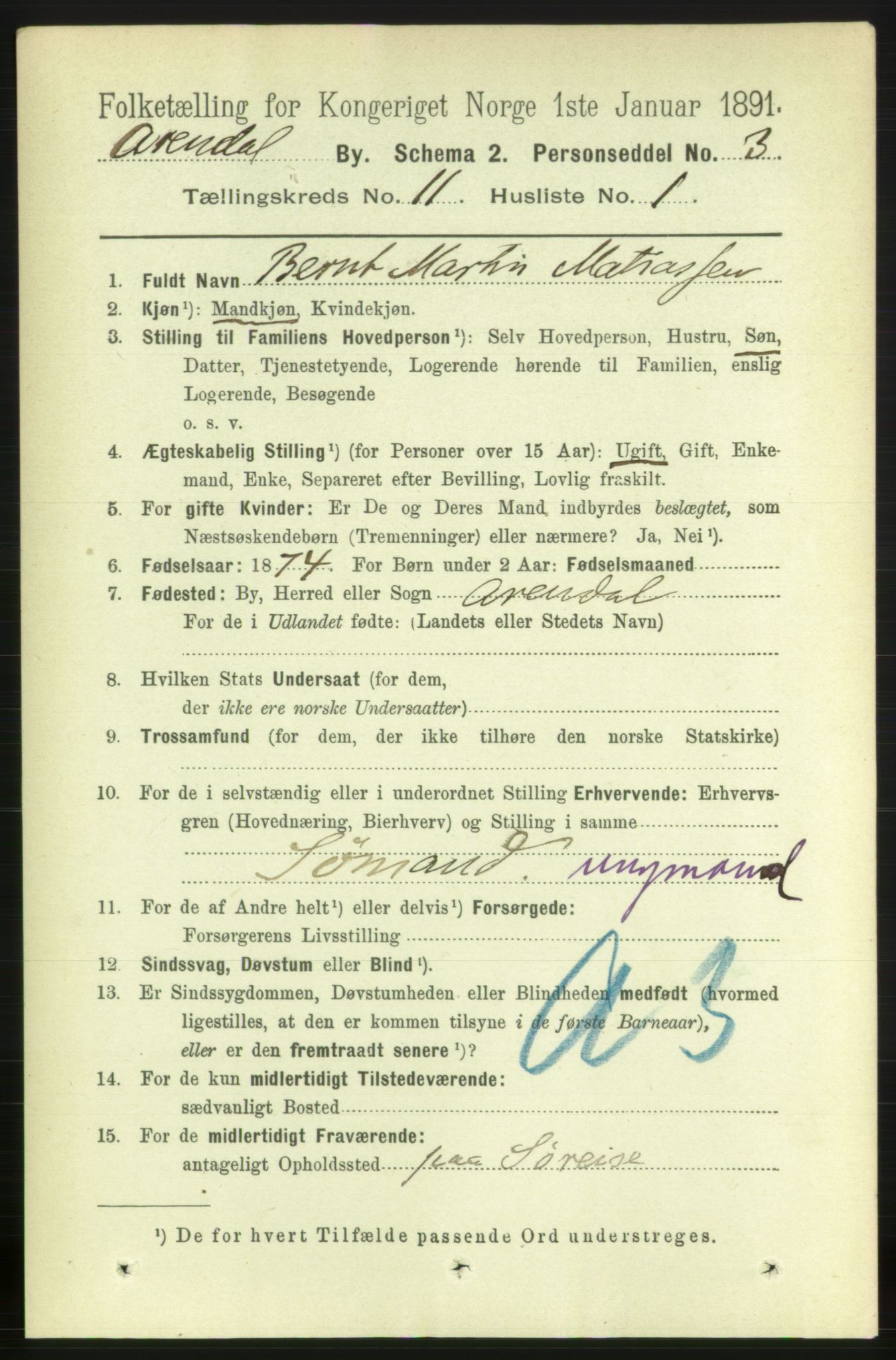 RA, 1891 census for 0903 Arendal, 1891, p. 3851