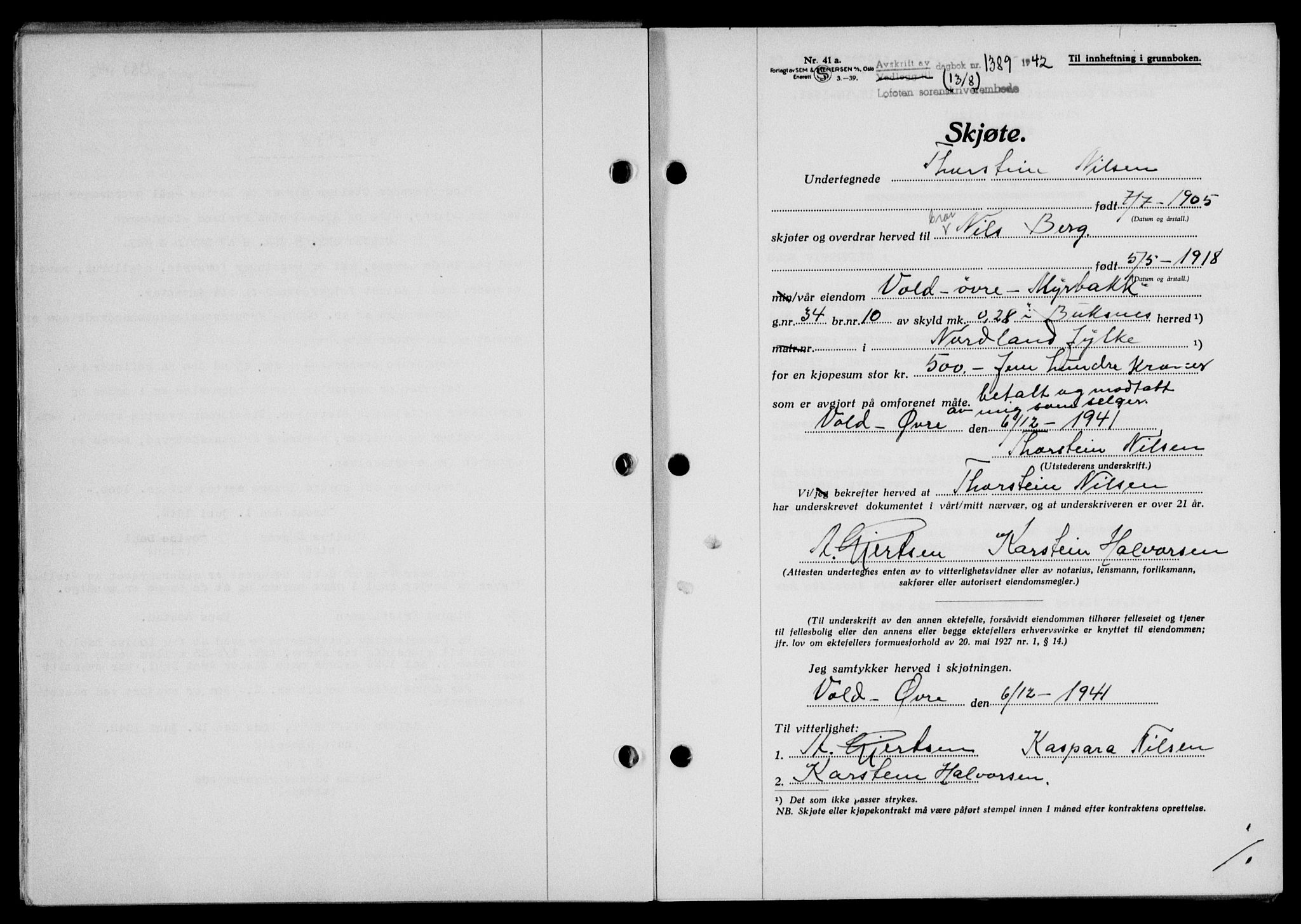 Lofoten sorenskriveri, SAT/A-0017/1/2/2C/L0010a: Mortgage book no. 10a, 1942-1943, Diary no: : 1389/1942