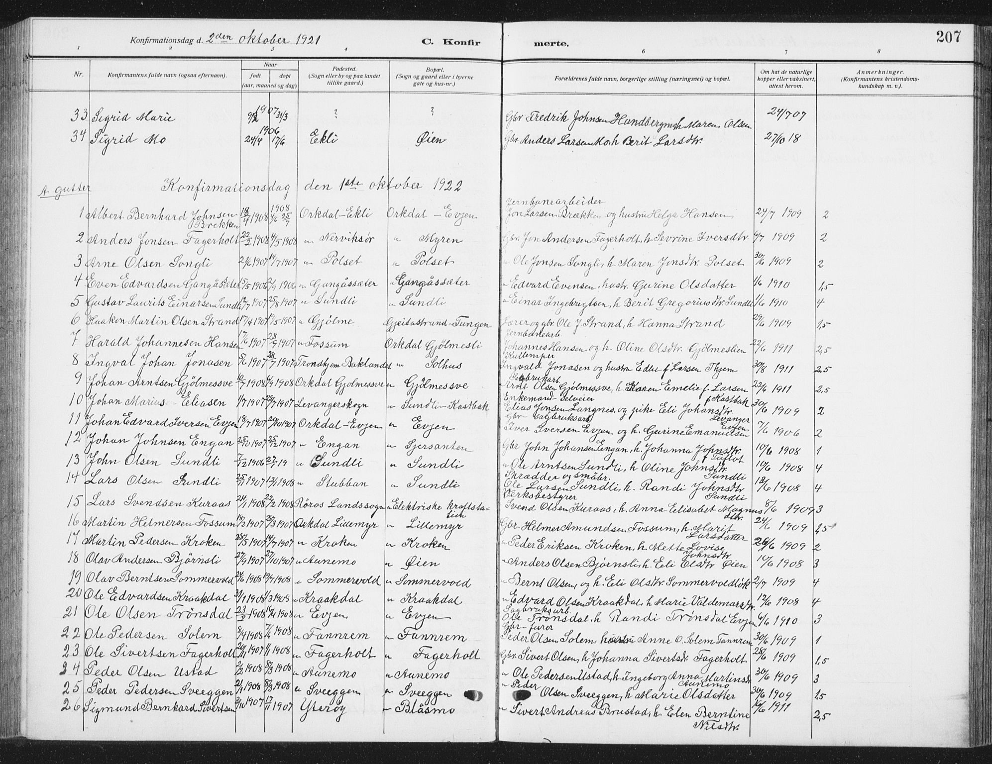 Ministerialprotokoller, klokkerbøker og fødselsregistre - Sør-Trøndelag, SAT/A-1456/668/L0820: Parish register (copy) no. 668C09, 1912-1936, p. 207