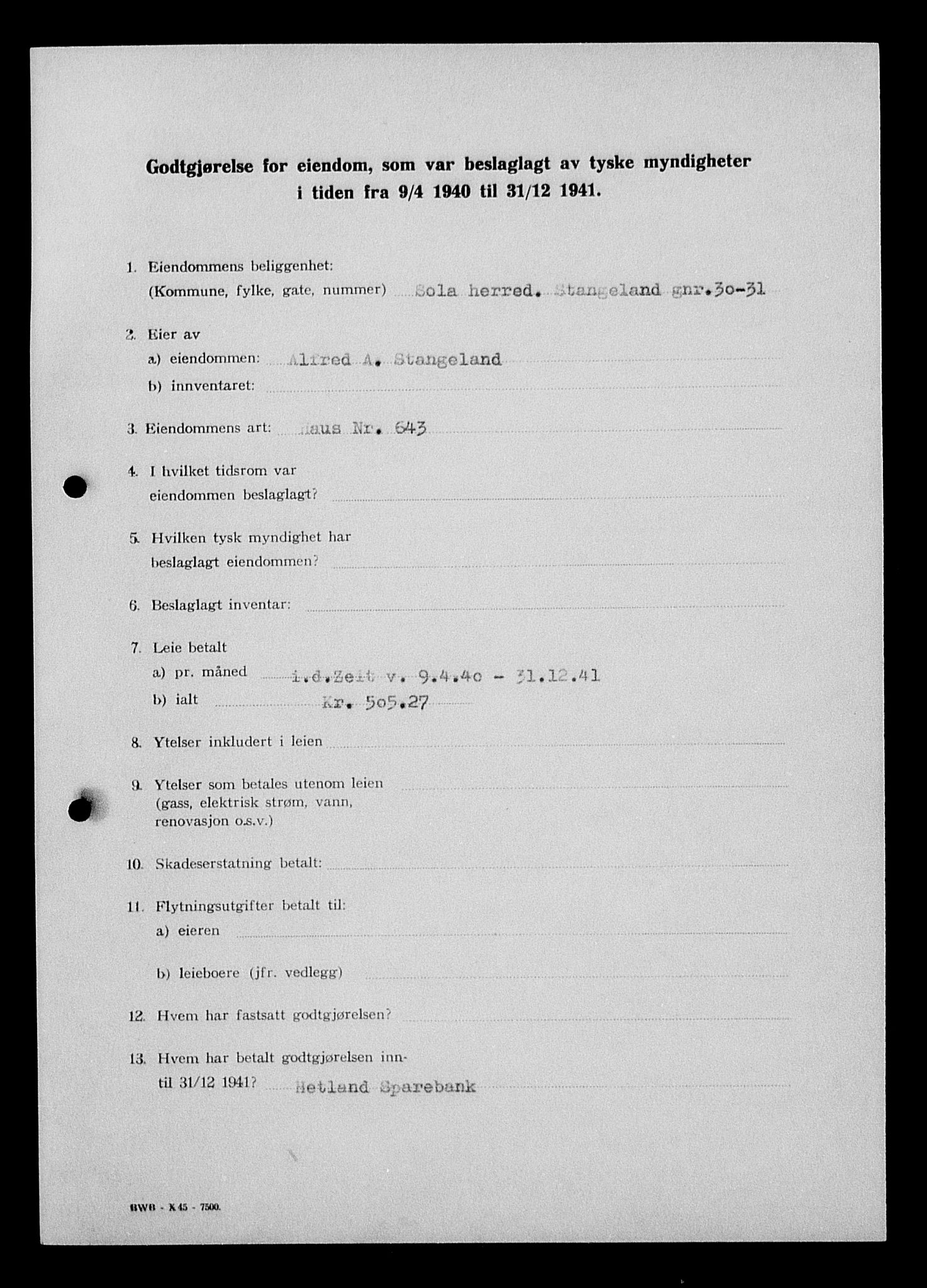 Justisdepartementet, Tilbakeføringskontoret for inndratte formuer, AV/RA-S-1564/I/L1015: Godtgjørelse for beslaglagt eiendom, 1940-1941, p. 270