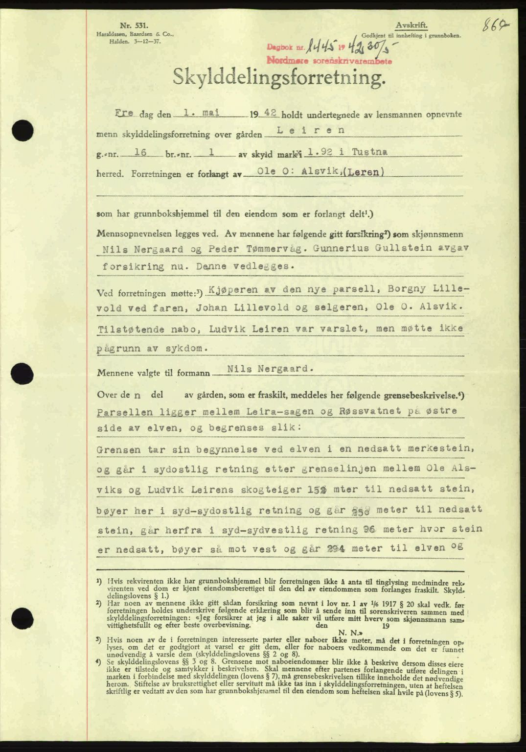 Nordmøre sorenskriveri, AV/SAT-A-4132/1/2/2Ca: Mortgage book no. A92, 1942-1942, Diary no: : 1445/1942