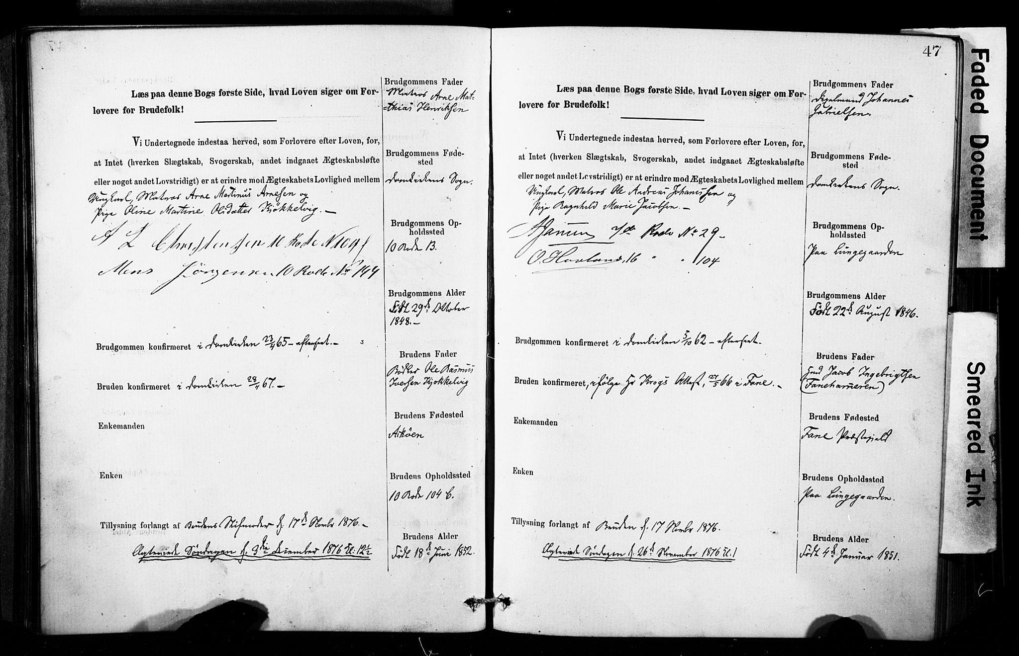 Domkirken sokneprestembete, AV/SAB-A-74801: Best man's statements no. II.5.8, 1876-1882, p. 47