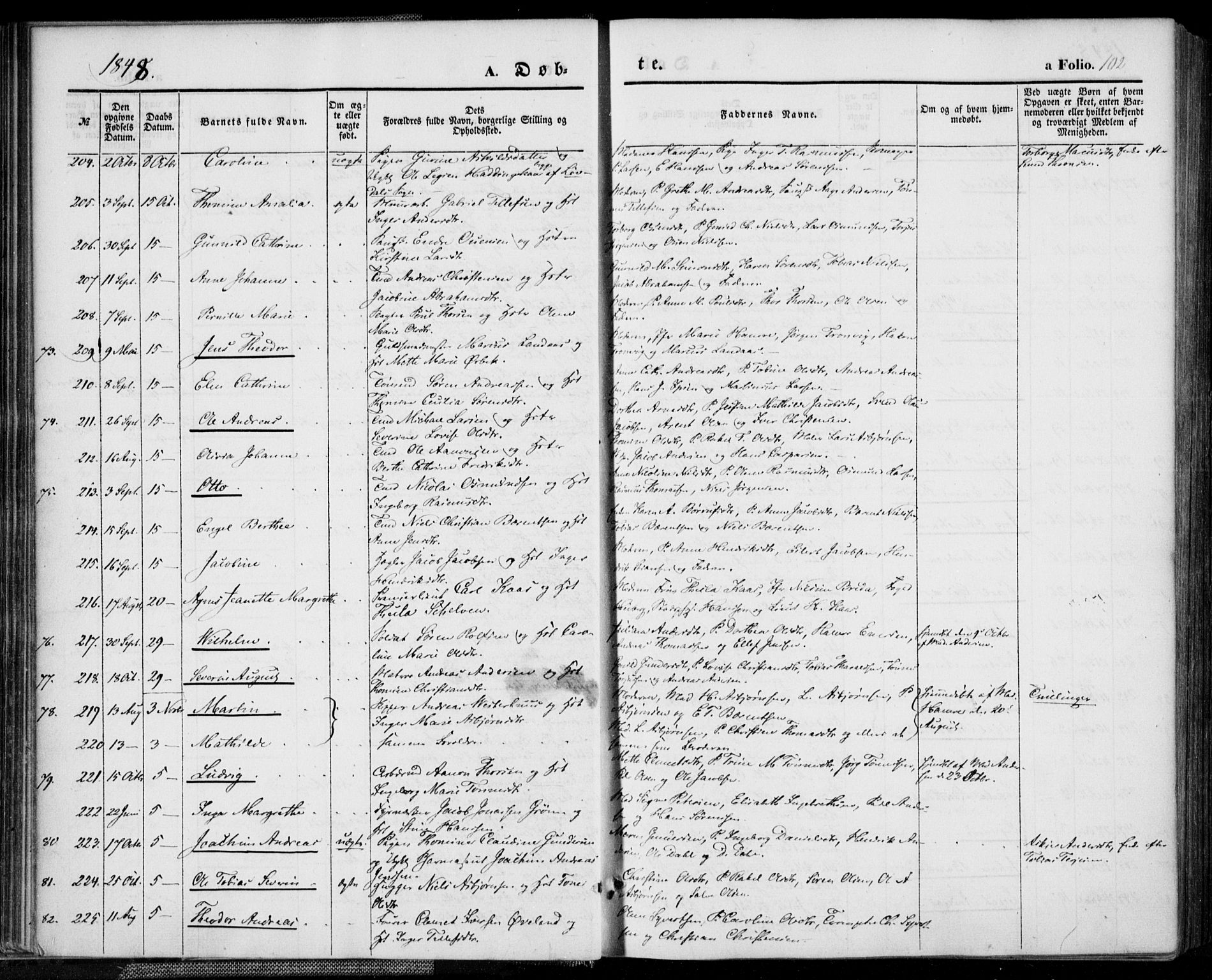 Kristiansand domprosti, SAK/1112-0006/F/Fa/L0013: Parish register (official) no. A 13, 1842-1851, p. 102