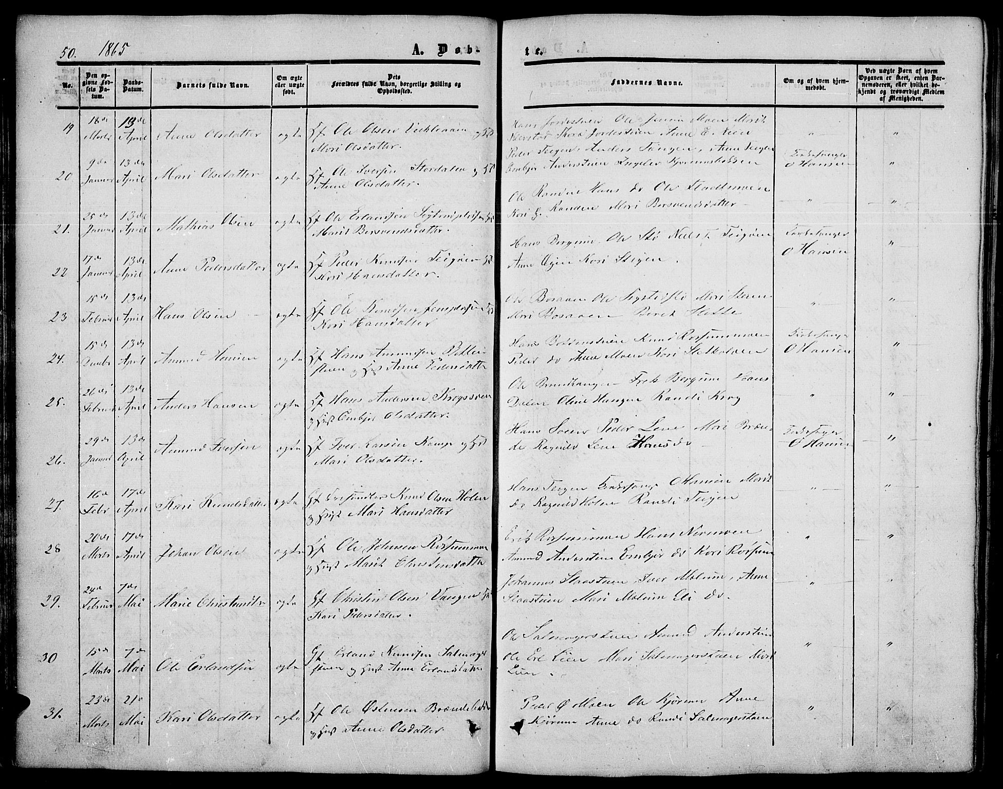 Nord-Fron prestekontor, SAH/PREST-080/H/Ha/Hab/L0003: Parish register (copy) no. 3, 1851-1886, p. 50