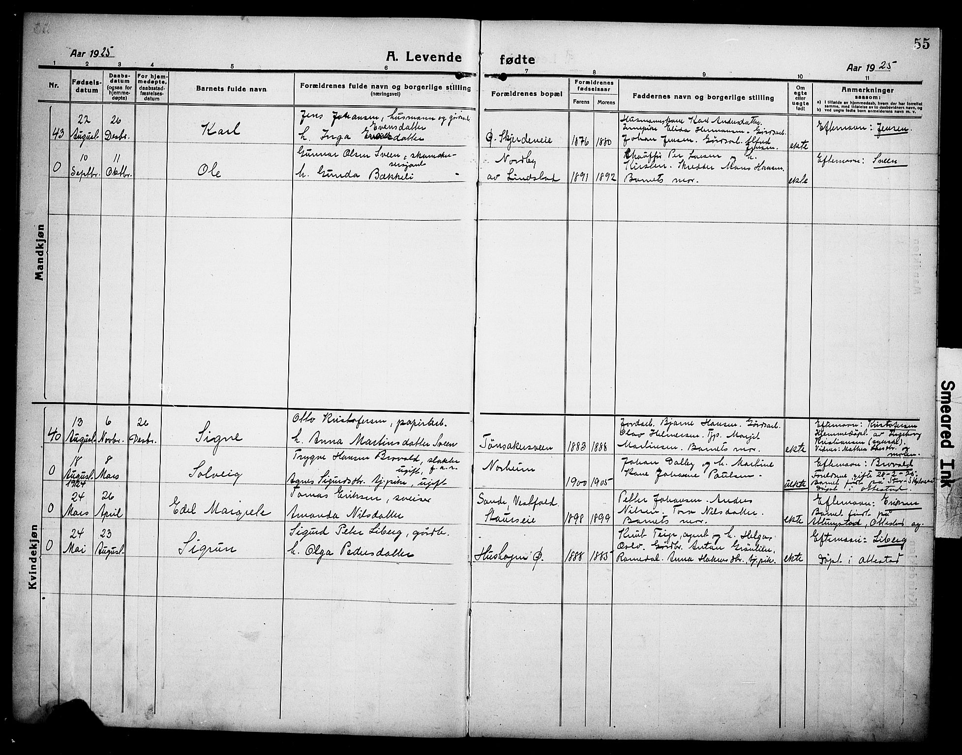 Stange prestekontor, AV/SAH-PREST-002/L/L0016: Parish register (copy) no. 16, 1918-1928, p. 55