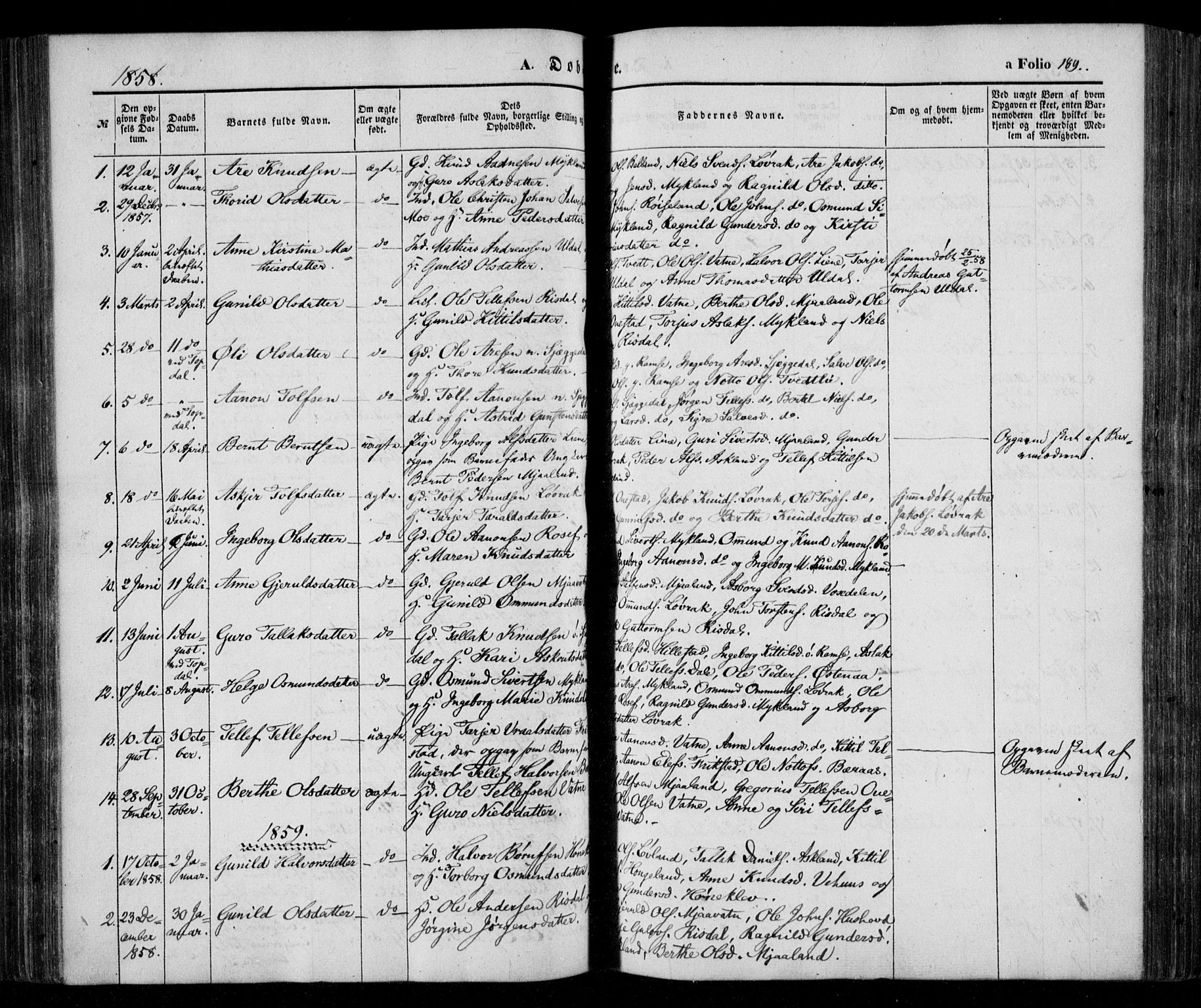 Åmli sokneprestkontor, SAK/1111-0050/F/Fa/Fac/L0008: Parish register (official) no. A 8, 1852-1869, p. 189