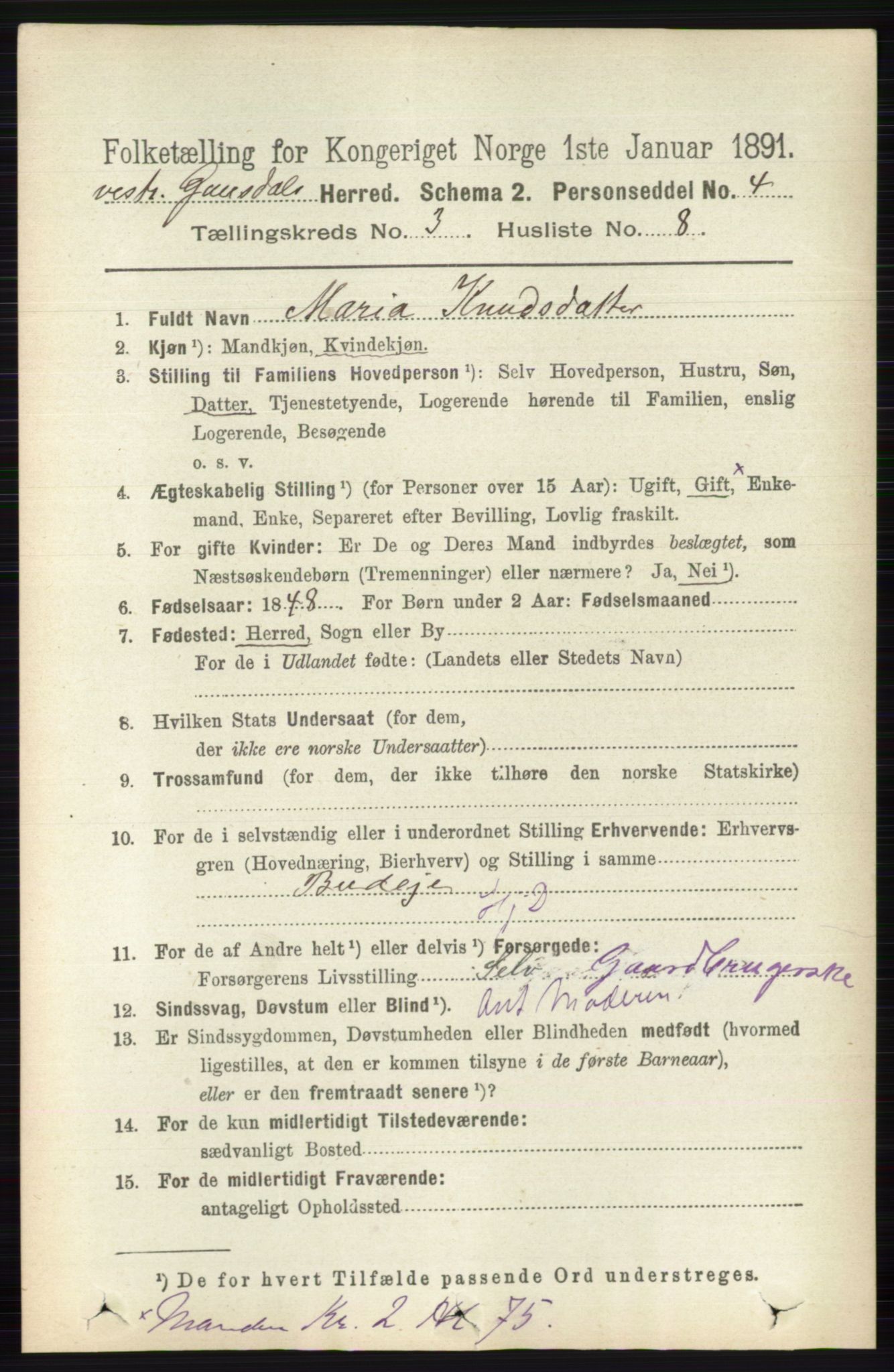 RA, 1891 census for 0523 Vestre Gausdal, 1891, p. 1288