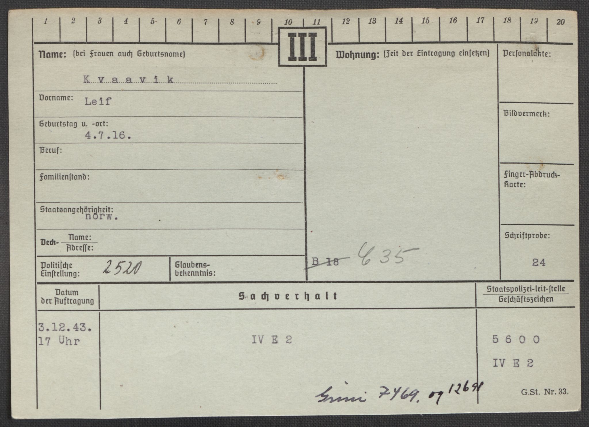 Befehlshaber der Sicherheitspolizei und des SD, AV/RA-RAFA-5969/E/Ea/Eaa/L0006: Register over norske fanger i Møllergata 19: Kj-Lund, 1940-1945, p. 578