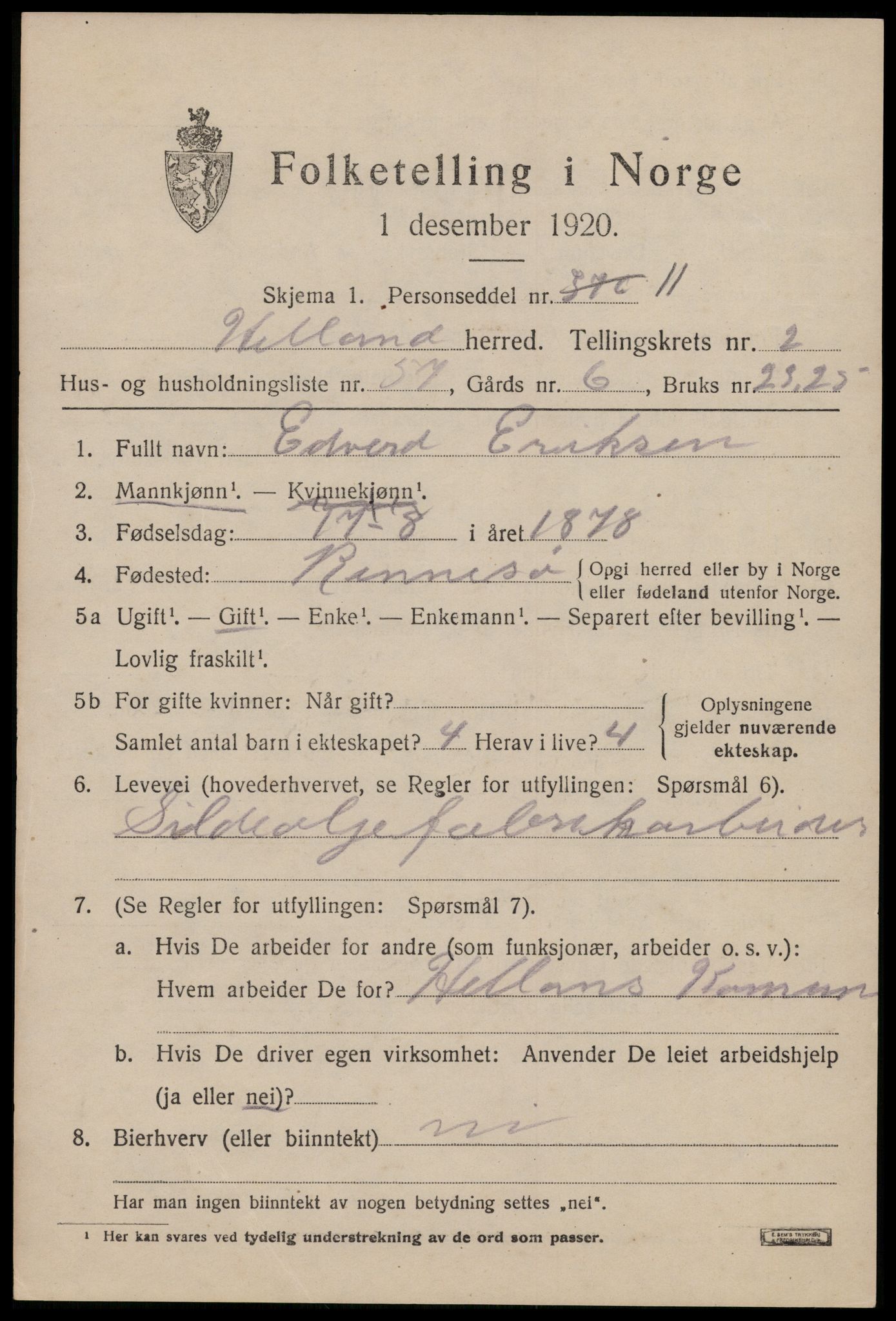 SAST, 1920 census for Hetland, 1920, p. 4749