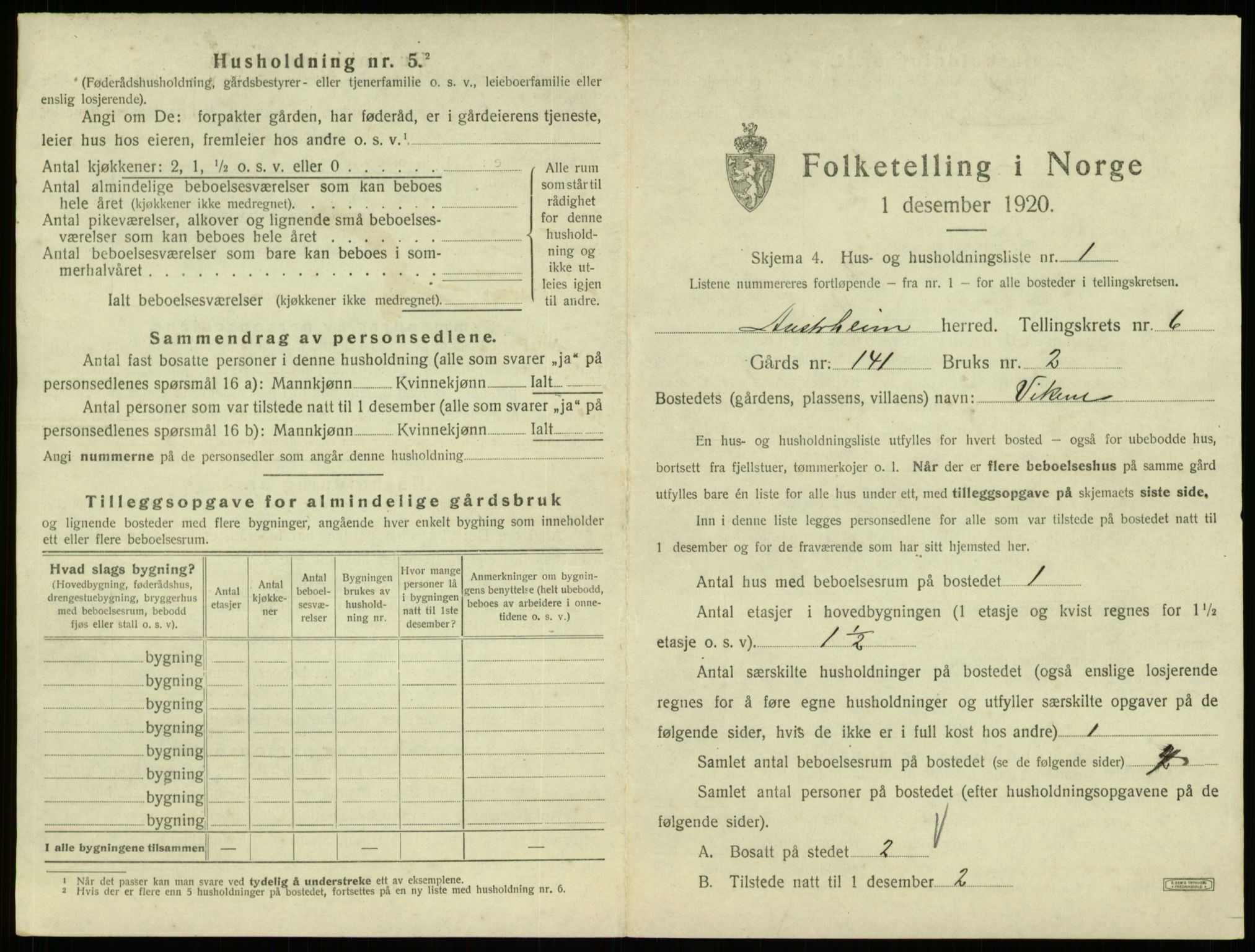 SAB, 1920 census for Austrheim, 1920, p. 296