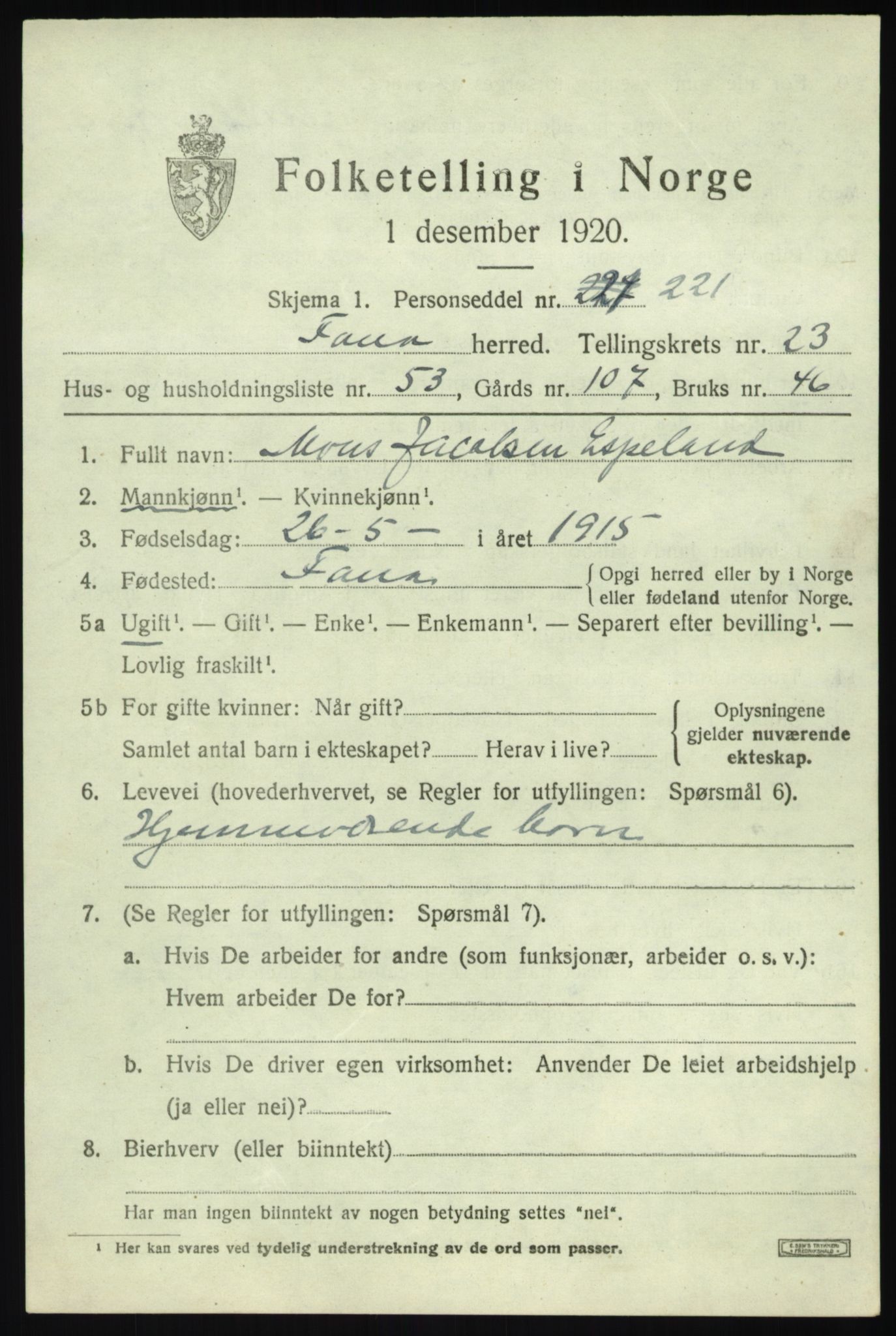 SAB, 1920 census for Fana, 1920, p. 26729