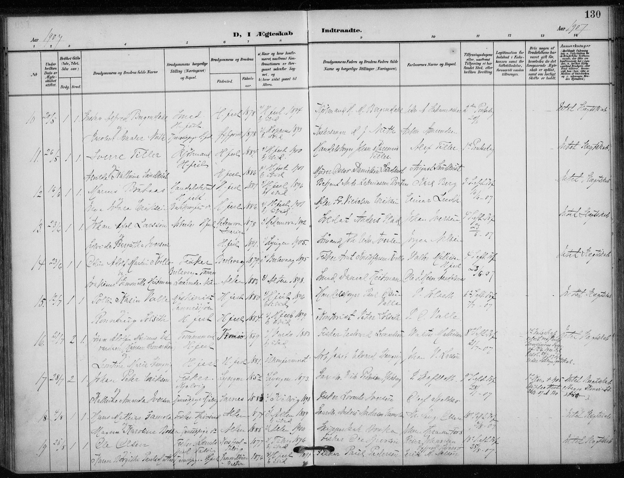 Hammerfest sokneprestkontor, AV/SATØ-S-1347/H/Ha/L0014.kirke: Parish register (official) no. 14, 1906-1916, p. 130