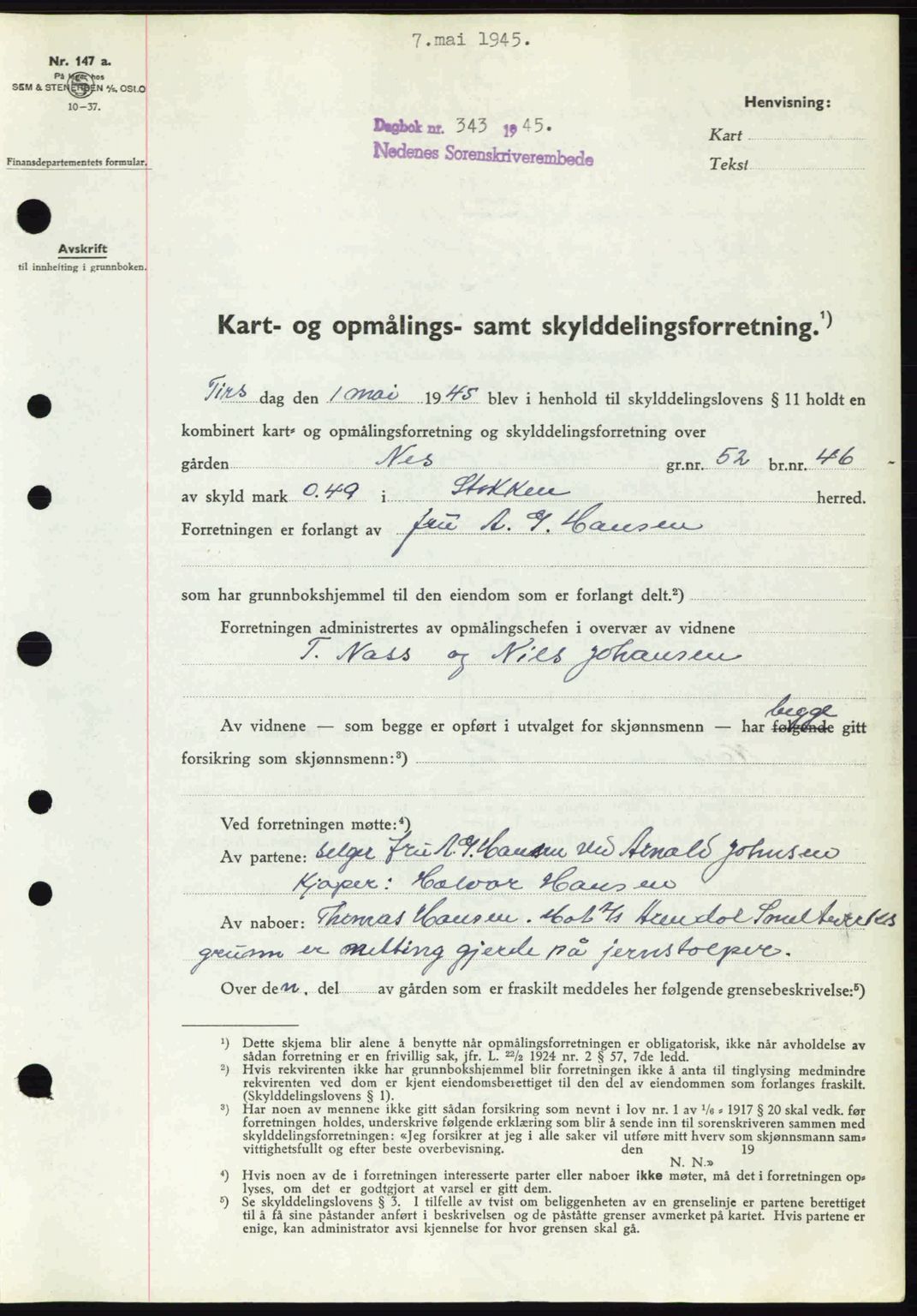 Nedenes sorenskriveri, AV/SAK-1221-0006/G/Gb/Gba/L0052: Mortgage book no. A6a, 1944-1945, Diary no: : 343/1945