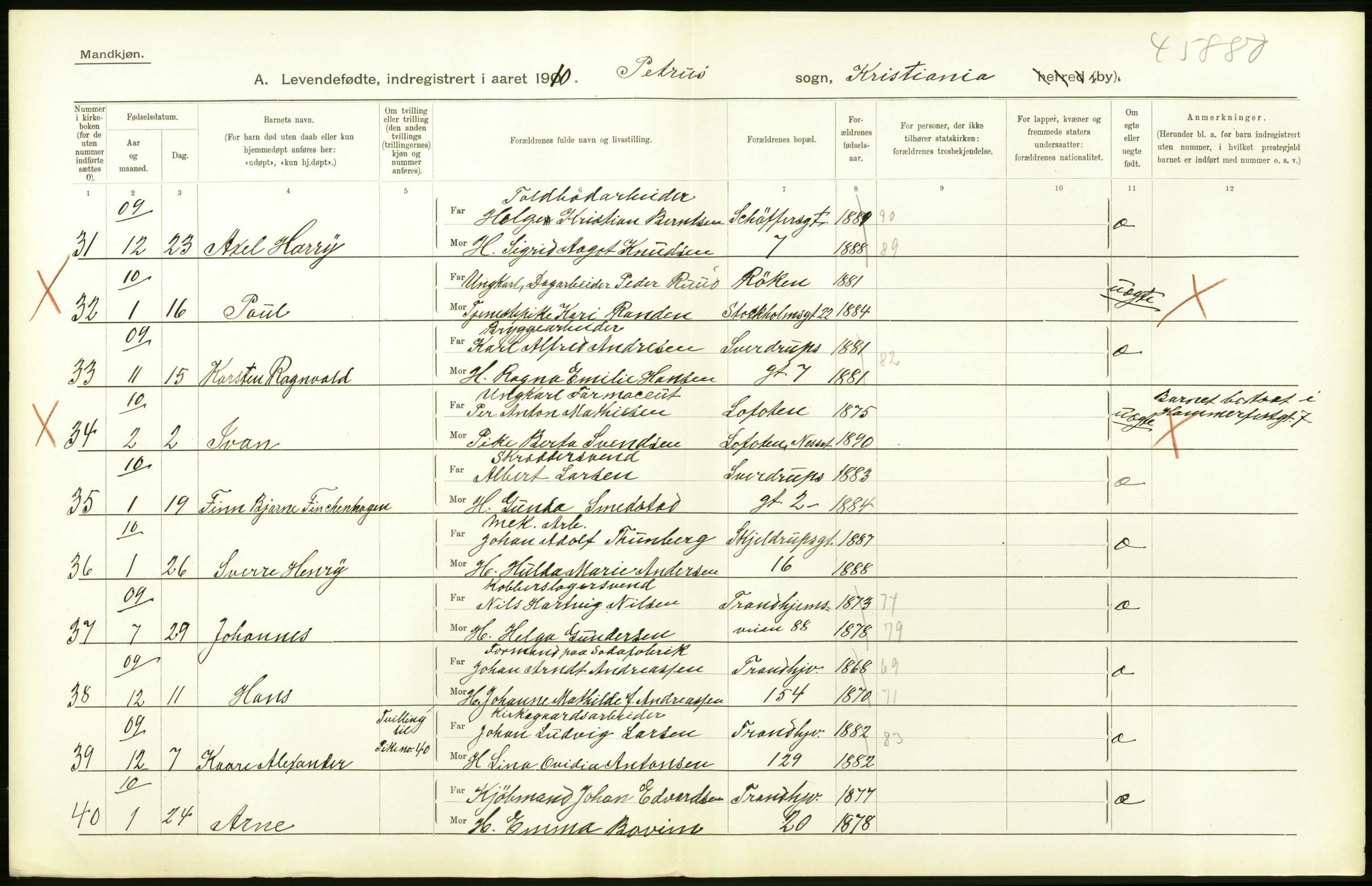 Statistisk sentralbyrå, Sosiodemografiske emner, Befolkning, AV/RA-S-2228/D/Df/Dfa/Dfah/L0006: Kristiania: Levendefødte menn., 1910, p. 414