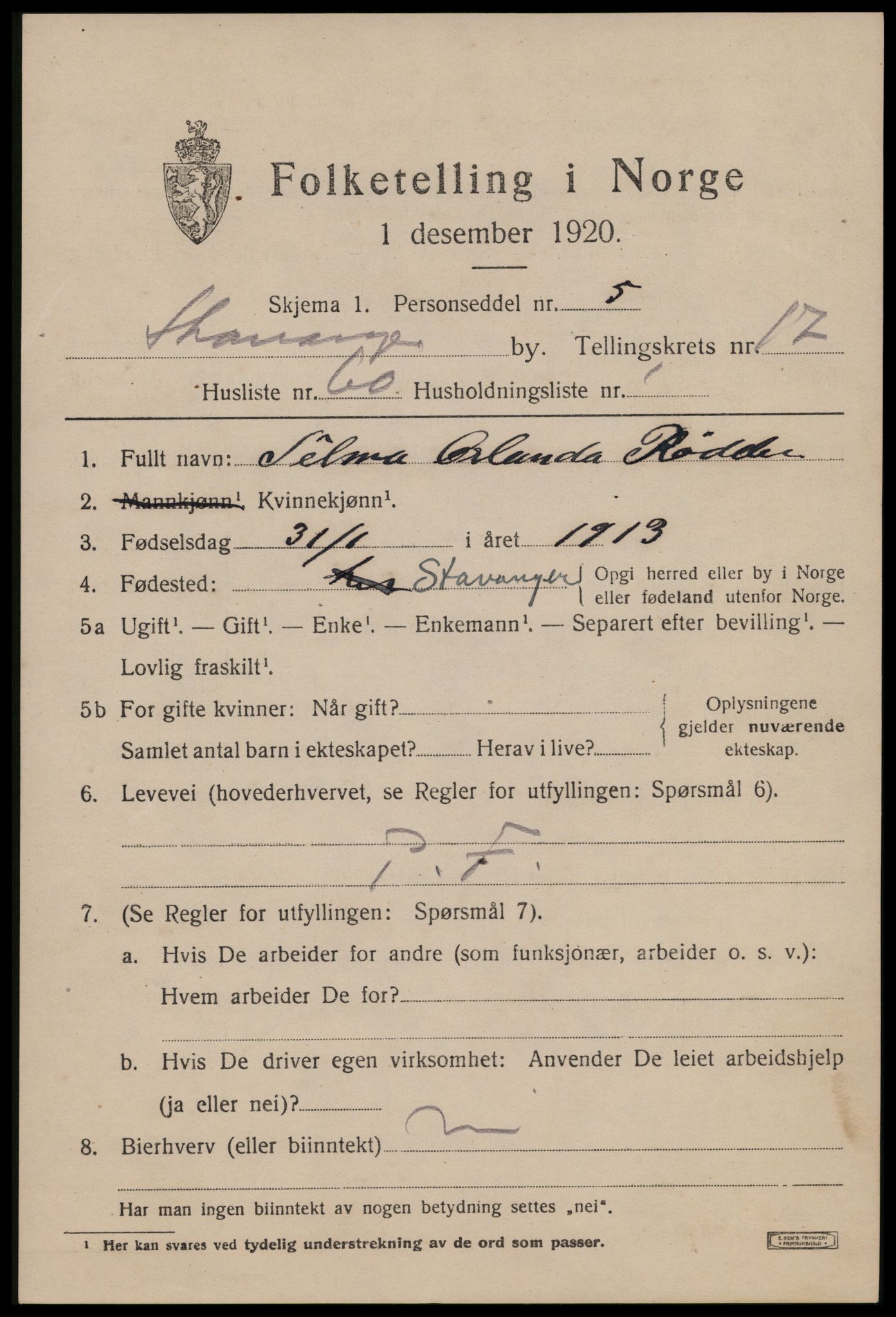 SAST, 1920 census for Stavanger, 1920, p. 66074