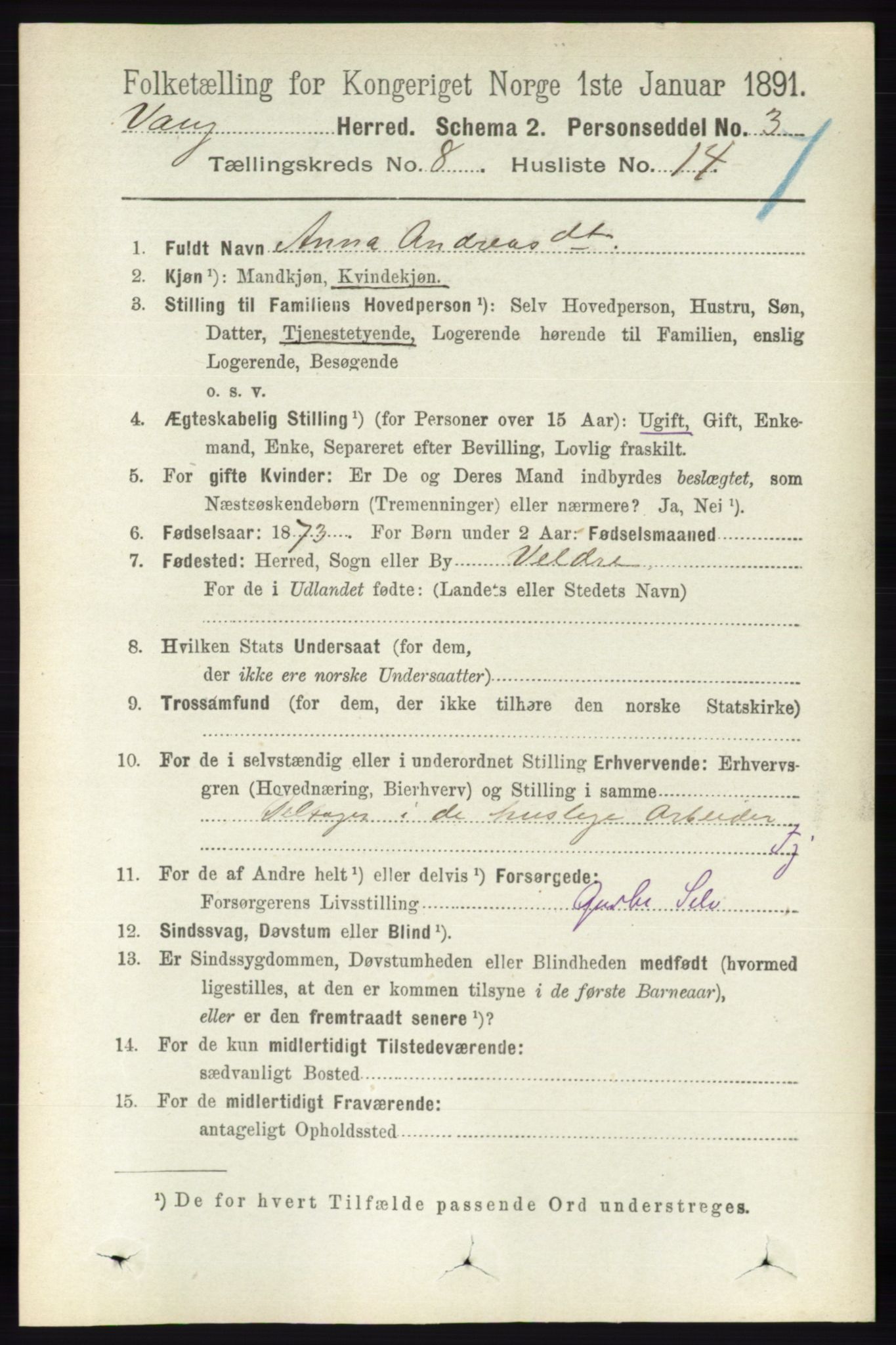 RA, 1891 census for 0414 Vang, 1891, p. 5683