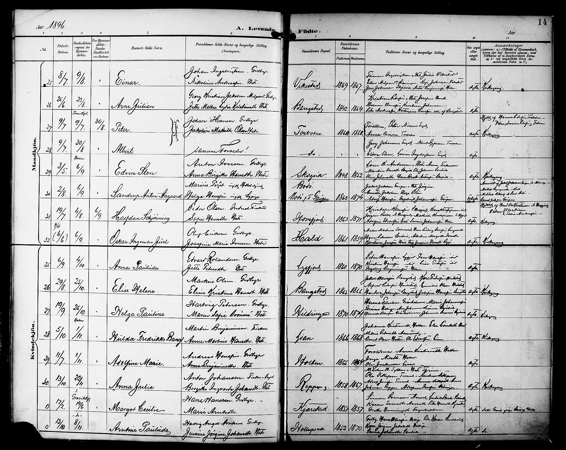 Ministerialprotokoller, klokkerbøker og fødselsregistre - Nordland, AV/SAT-A-1459/810/L0152: Parish register (official) no. 810A11, 1895-1899, p. 14