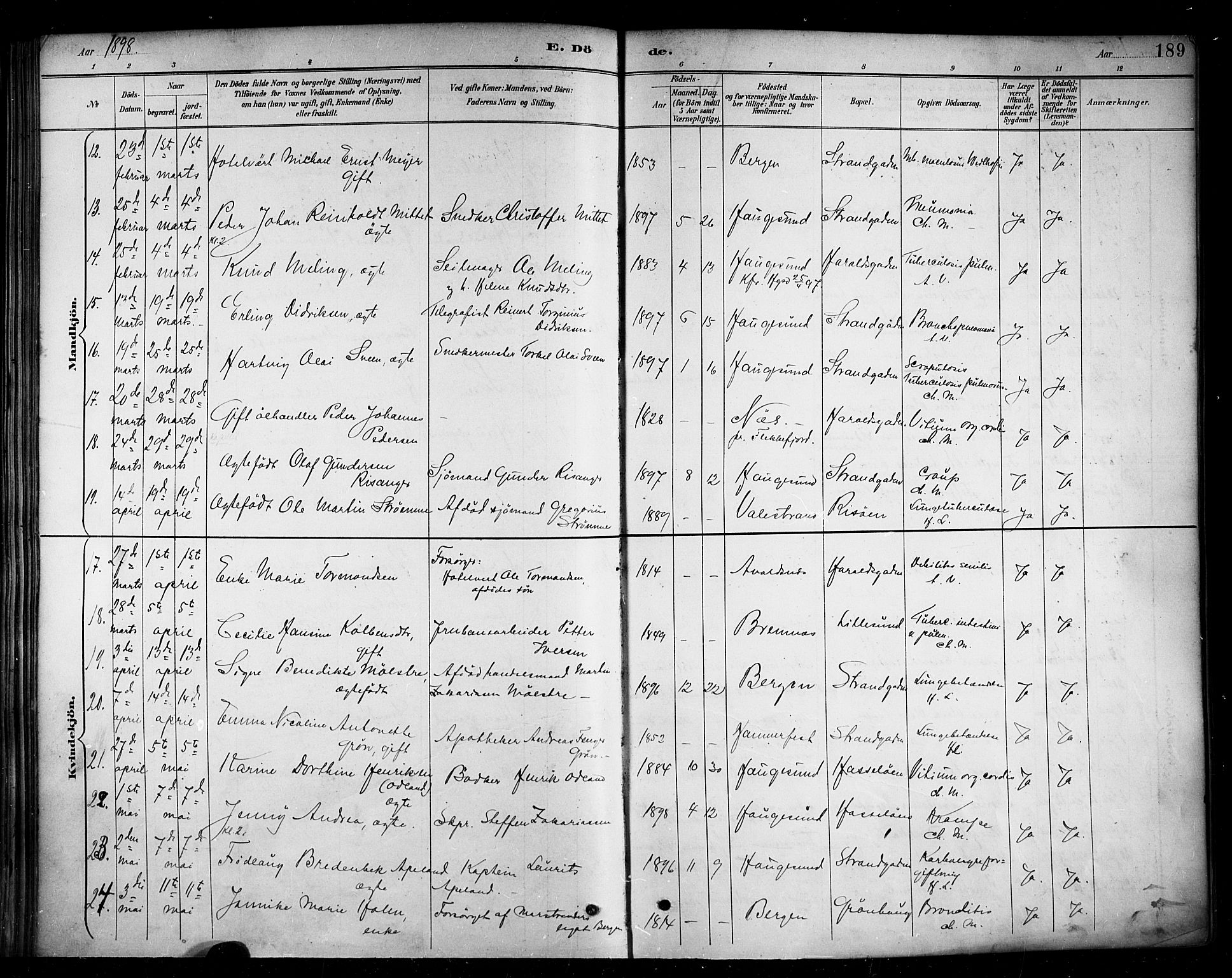 Haugesund sokneprestkontor, AV/SAST-A -101863/H/Ha/Haa/L0005: Parish register (official) no. A 5, 1891-1903, p. 189