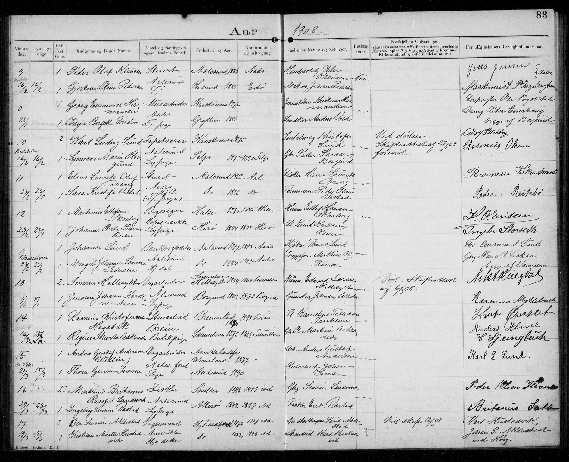 Ministerialprotokoller, klokkerbøker og fødselsregistre - Møre og Romsdal, AV/SAT-A-1454/529/L0458: Banns register no. 529A08, 1901-1918, p. 83