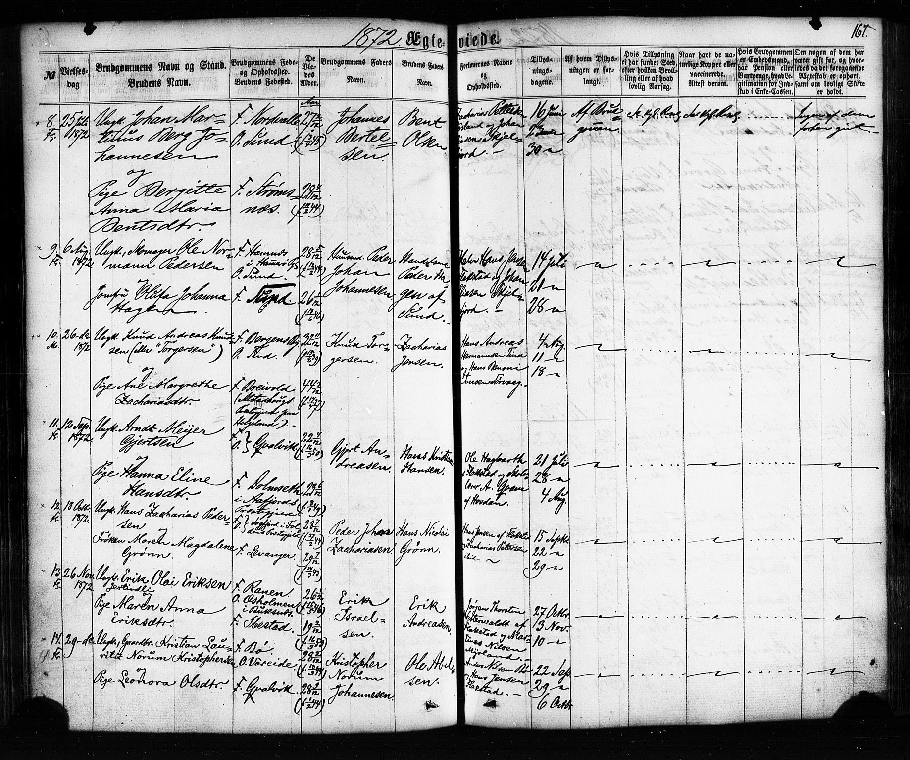 Ministerialprotokoller, klokkerbøker og fødselsregistre - Nordland, AV/SAT-A-1459/885/L1203: Parish register (official) no. 885A04, 1859-1877, p. 167