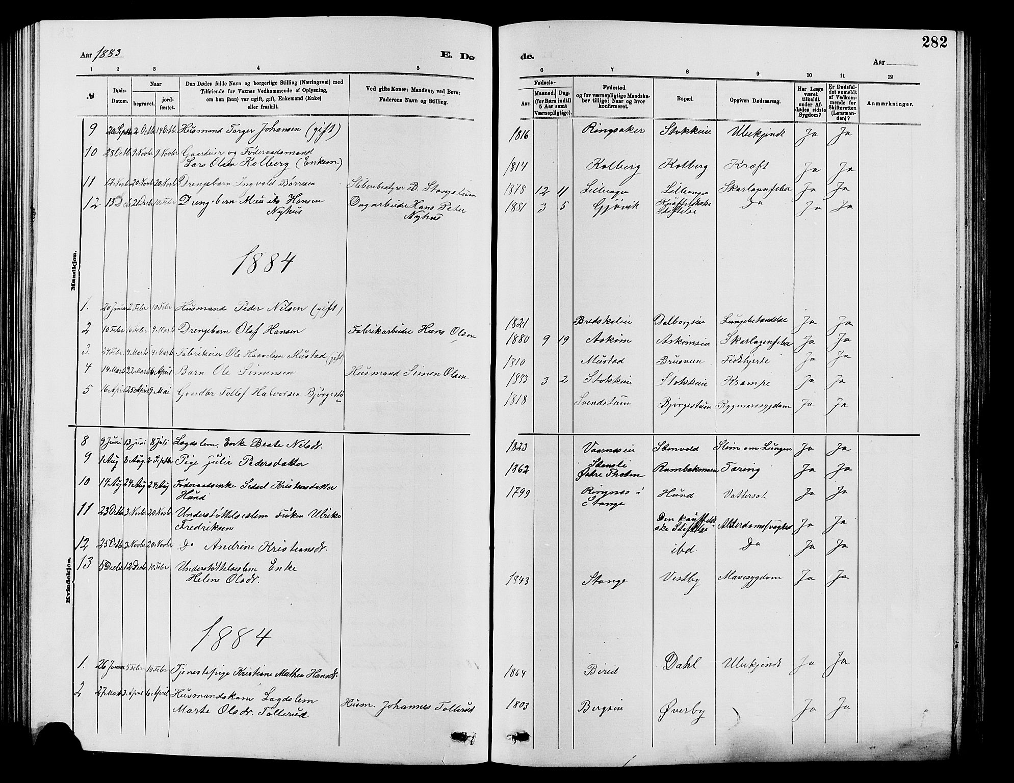 Vardal prestekontor, SAH/PREST-100/H/Ha/Hab/L0007: Parish register (copy) no. 7 /1, 1881-1895, p. 282