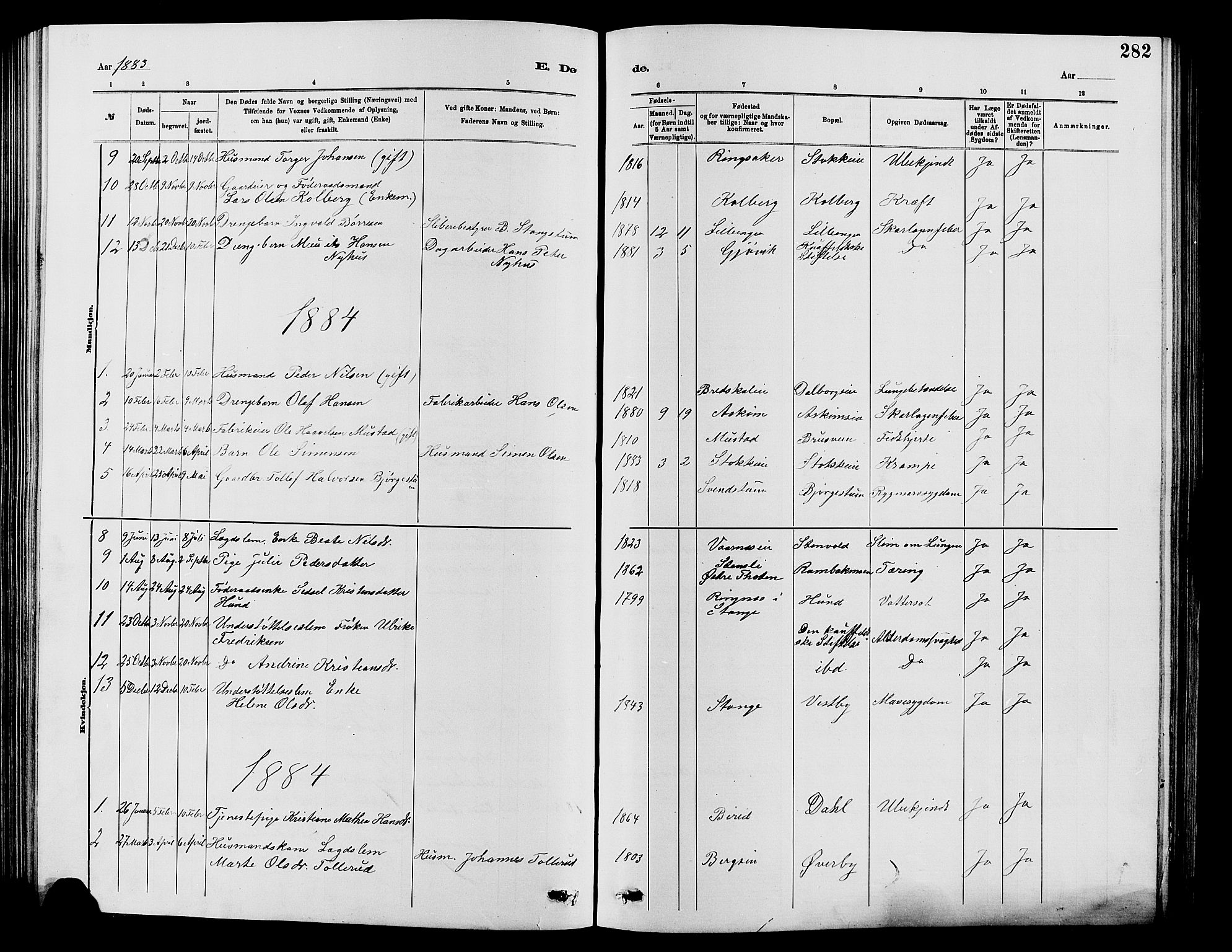 Vardal prestekontor, AV/SAH-PREST-100/H/Ha/Hab/L0007: Parish register (copy) no. 7 /1, 1881-1895, p. 282