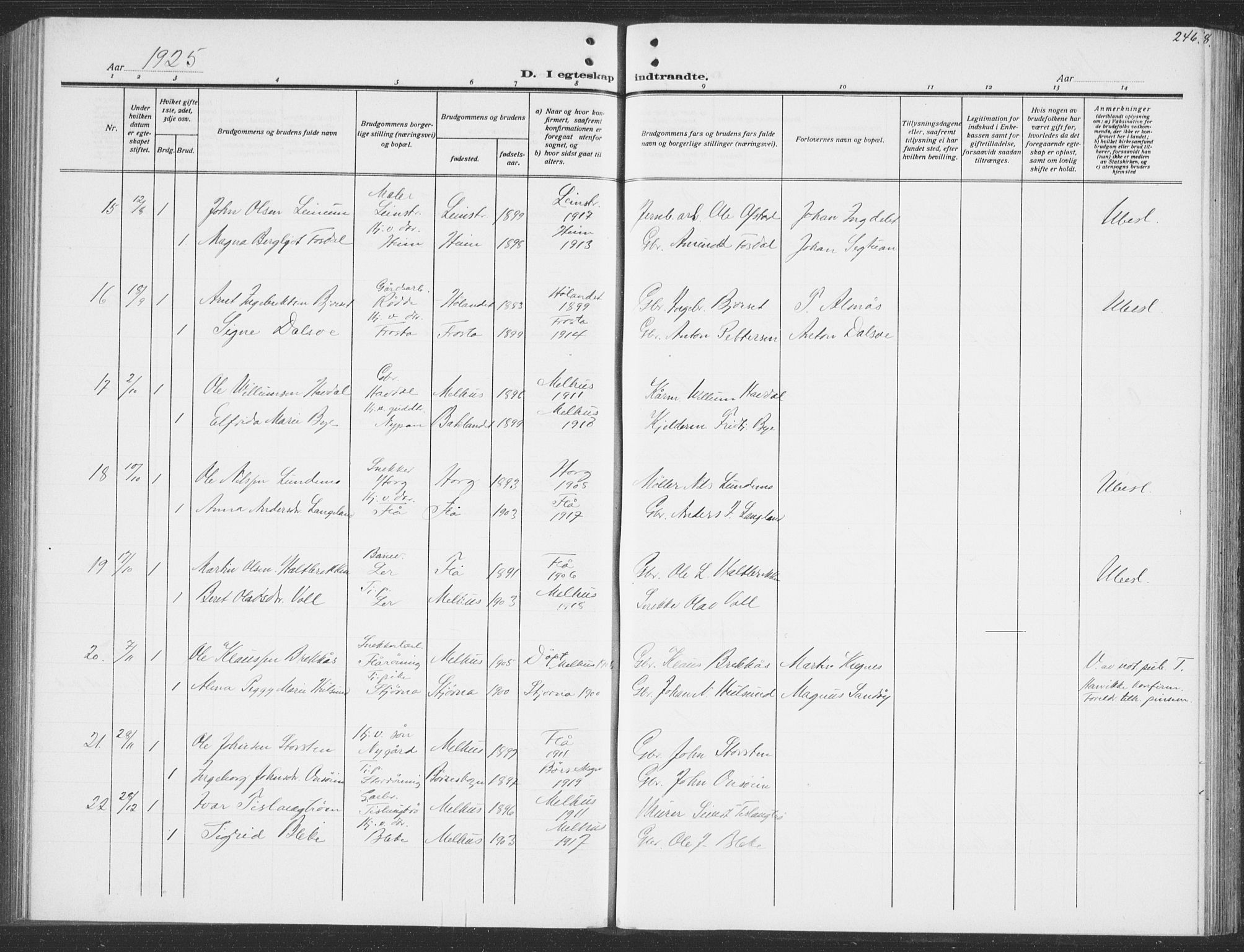 Ministerialprotokoller, klokkerbøker og fødselsregistre - Sør-Trøndelag, SAT/A-1456/691/L1095: Parish register (copy) no. 691C06, 1912-1933, p. 246