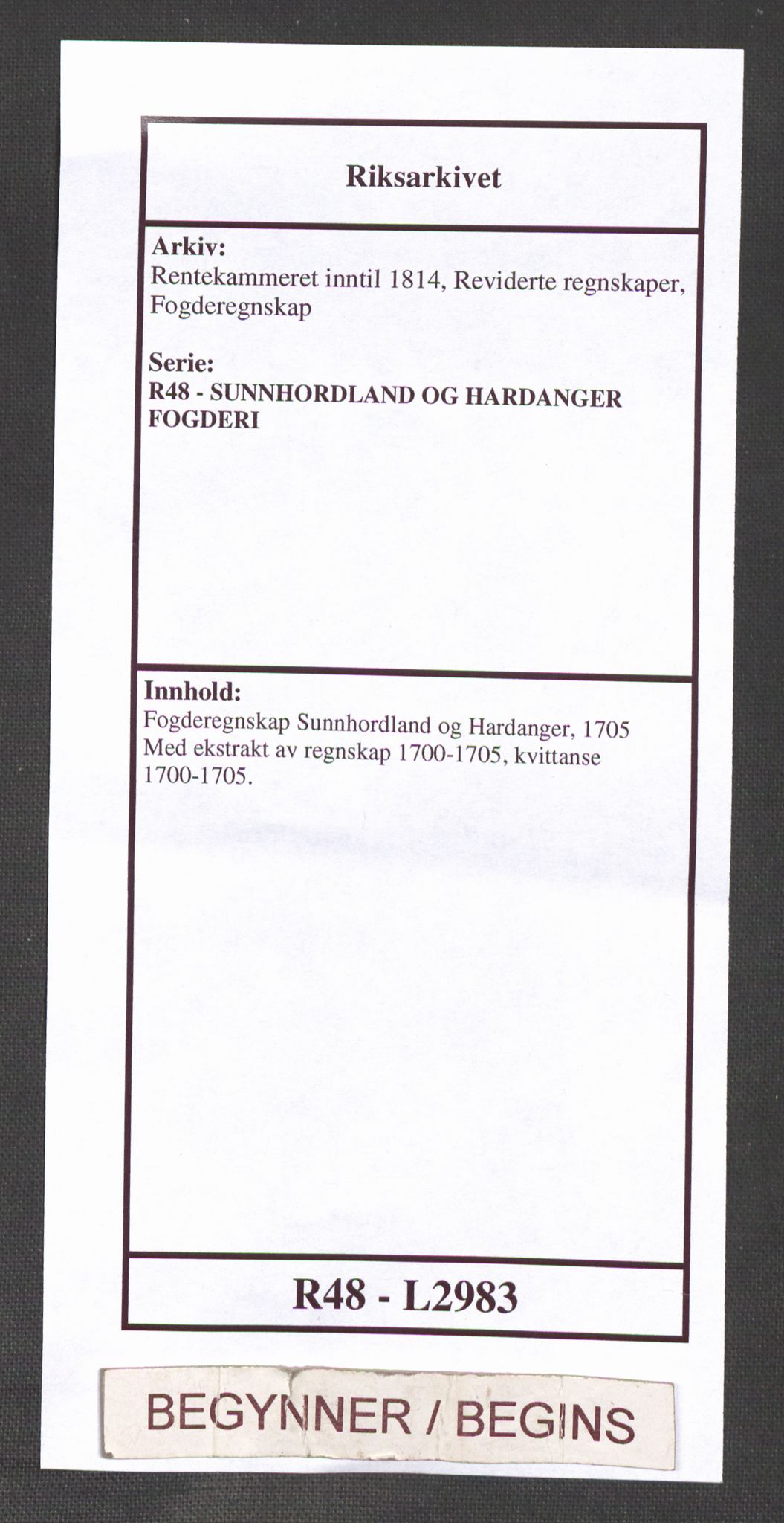 Rentekammeret inntil 1814, Reviderte regnskaper, Fogderegnskap, AV/RA-EA-4092/R48/L2983: Fogderegnskap Sunnhordland og Hardanger, 1705, p. 1