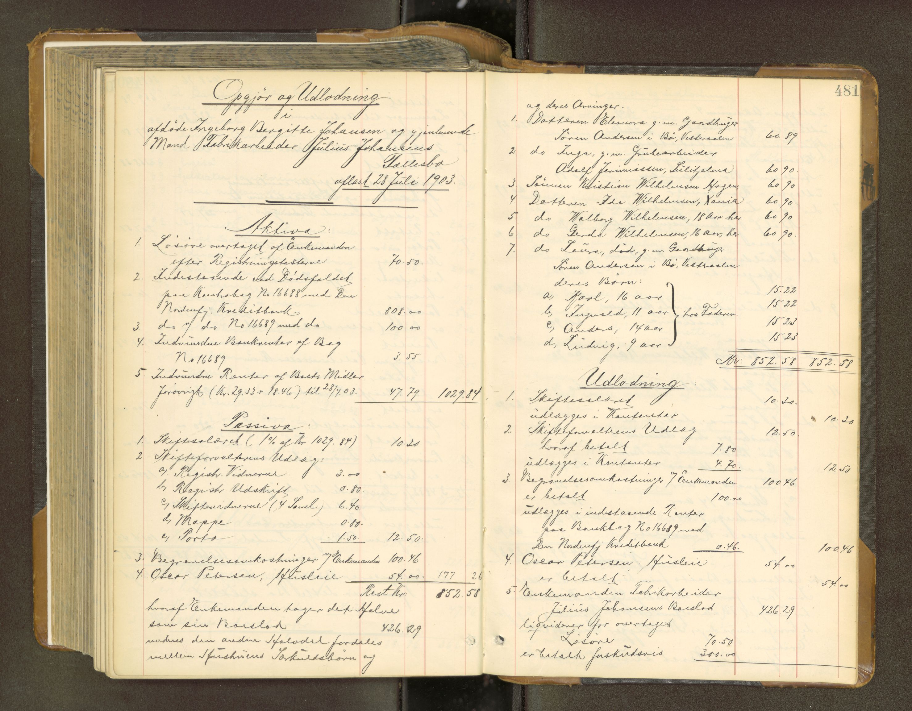 Trondheim byfogd, AV/SAT-A-0003/1/3/3A/L0037: Skifteutlodningsprotokoll - 9/7-29/7. (m/ register) U, 1898-1903, p. 481