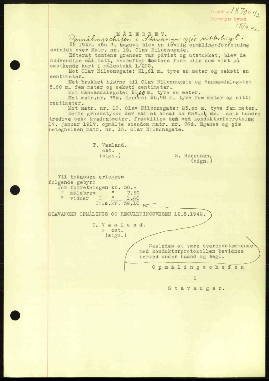 Stavanger byrett, SAST/A-100455/002/G/Gb/L0017: Mortgage book no. A7, 1941-1943, Diary no: : 1870/1942