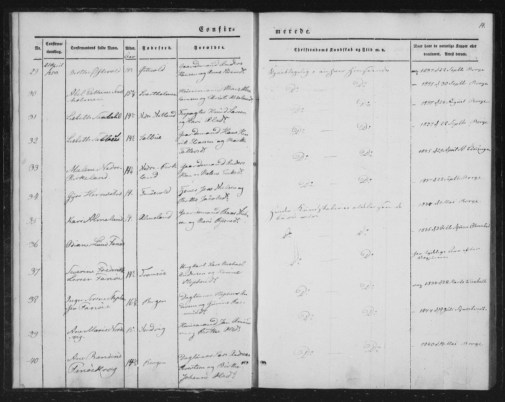 Fana Sokneprestembete, AV/SAB-A-75101/H/Haa/Haaa/L0009: Parish register (official) no. A 9, 1849-1850, p. 14