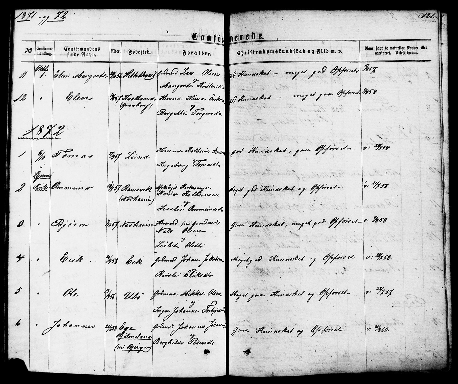 Nedstrand sokneprestkontor, AV/SAST-A-101841/01/IV: Parish register (official) no. A 10, 1861-1887, p. 121