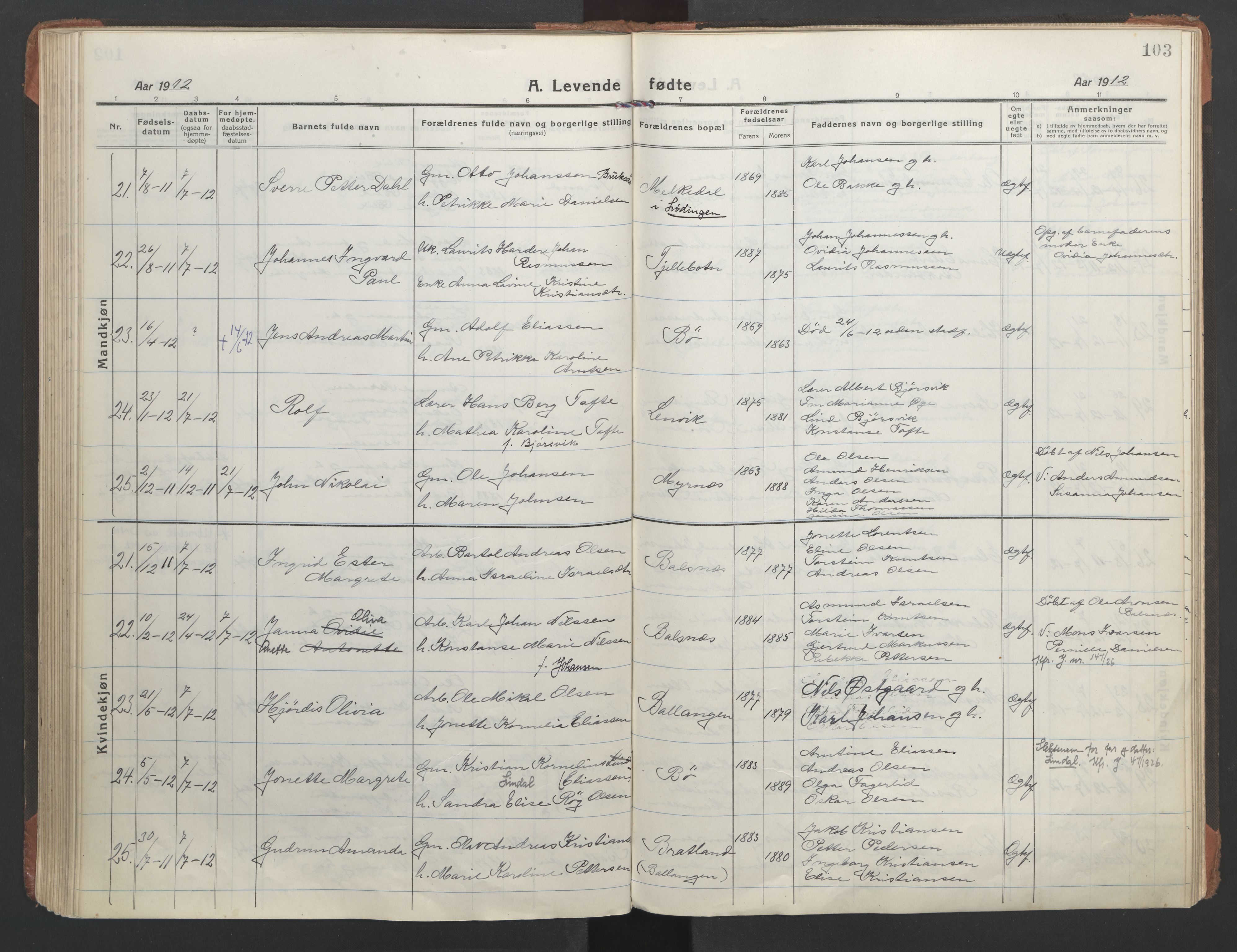 Ministerialprotokoller, klokkerbøker og fødselsregistre - Nordland, AV/SAT-A-1459/863/L0900: Parish register (official) no. 863A12, 1906-1915, p. 103